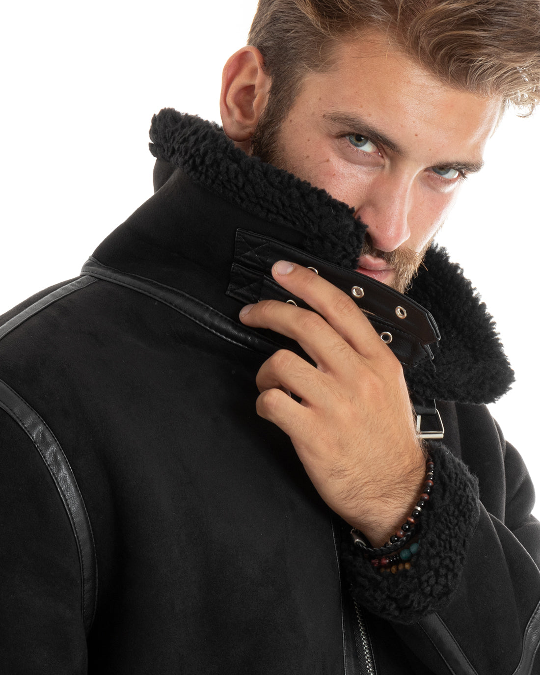 Giubbotto Uomo Giacca Montone Nero Aviatore Con Pelliccia Casual Double Face GIOSAL-G3102A