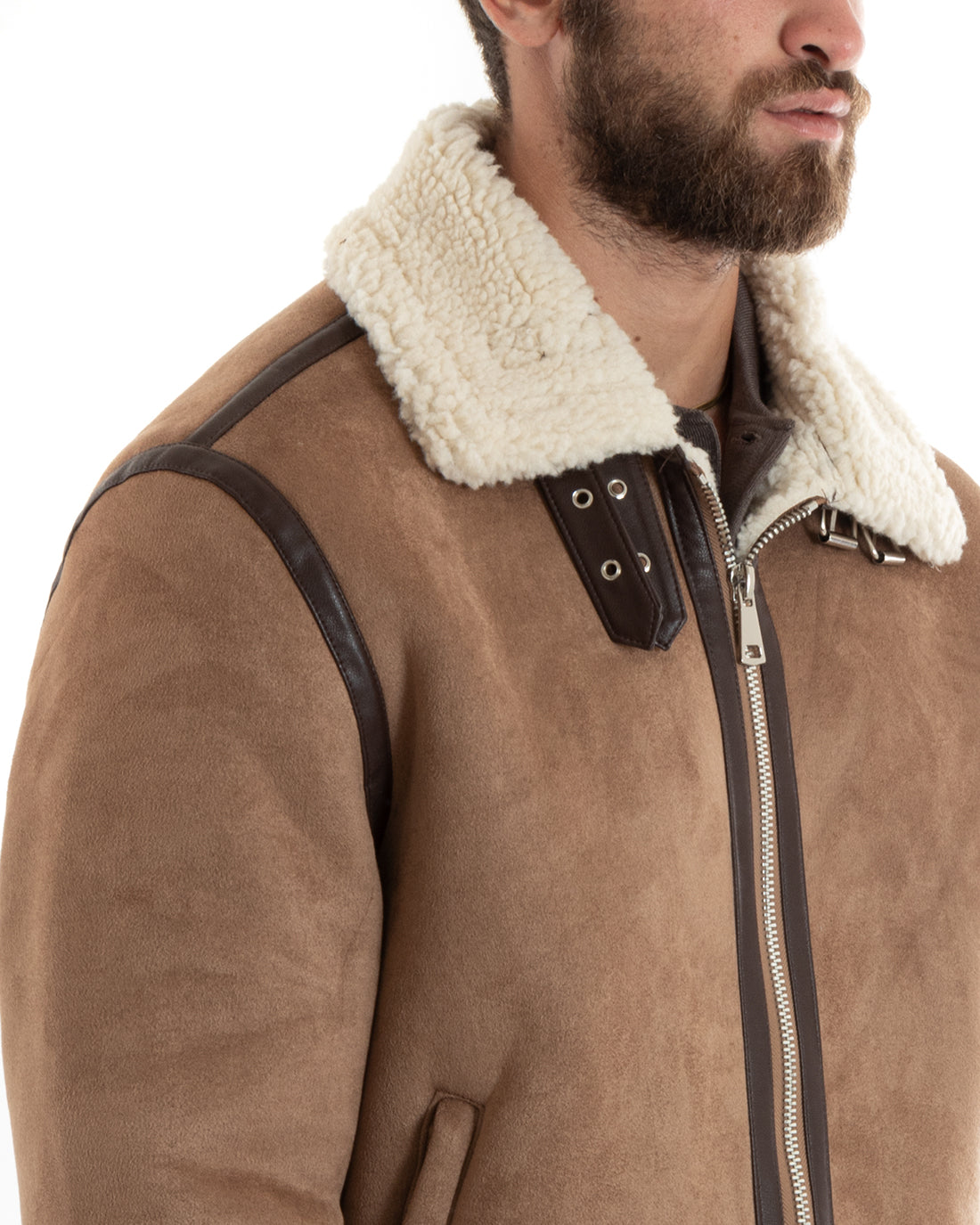 Giubbotto Uomo Giacca Montone Camel Aviatore Con Pelliccia Casual Double Face GIOSAL-G3103A