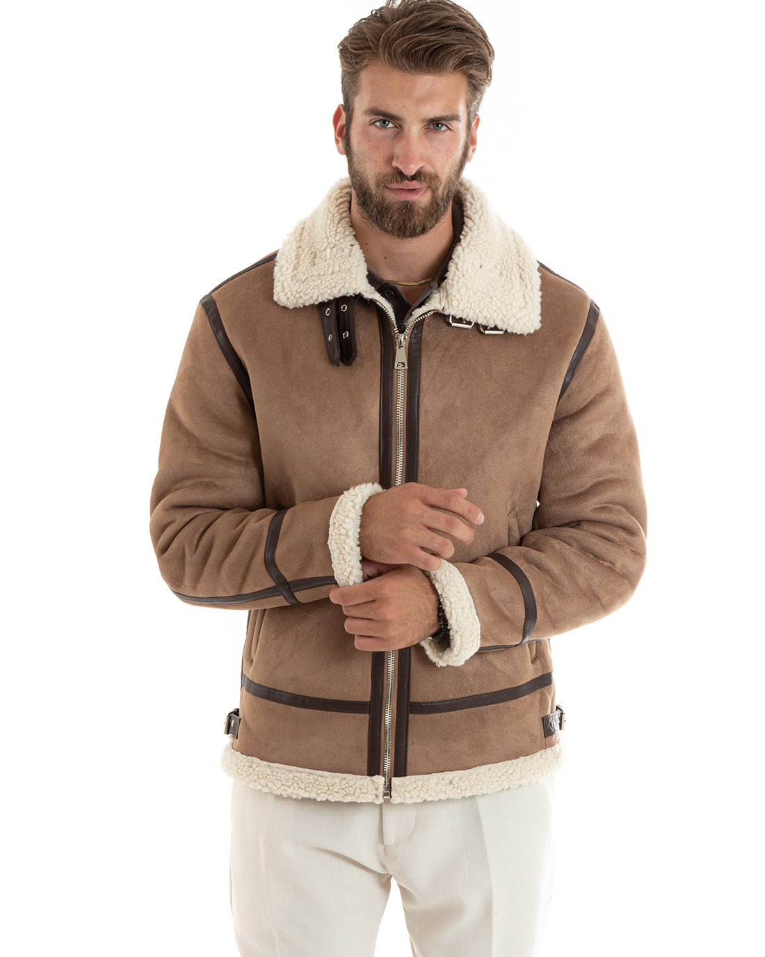 Giubbotto Uomo Giacca Montone Camel Aviatore Con Pelliccia Casual Double Face GIOSAL-G3103A