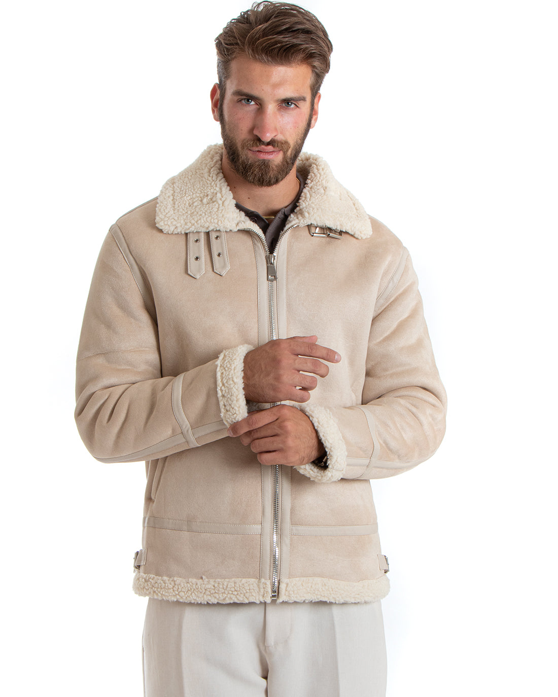 Giubbotto Uomo Giacca Montone Beige Aviatore Con Pelliccia Casual Double Face GIOSAL-G3104A