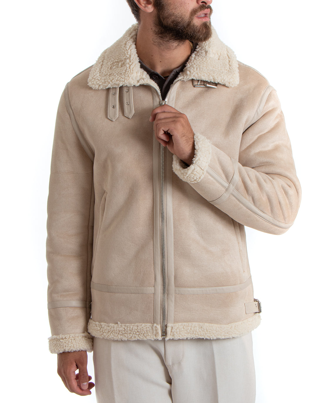 Giubbotto Uomo Giacca Montone Beige Aviatore Con Pelliccia Casual Double Face GIOSAL-G3104A