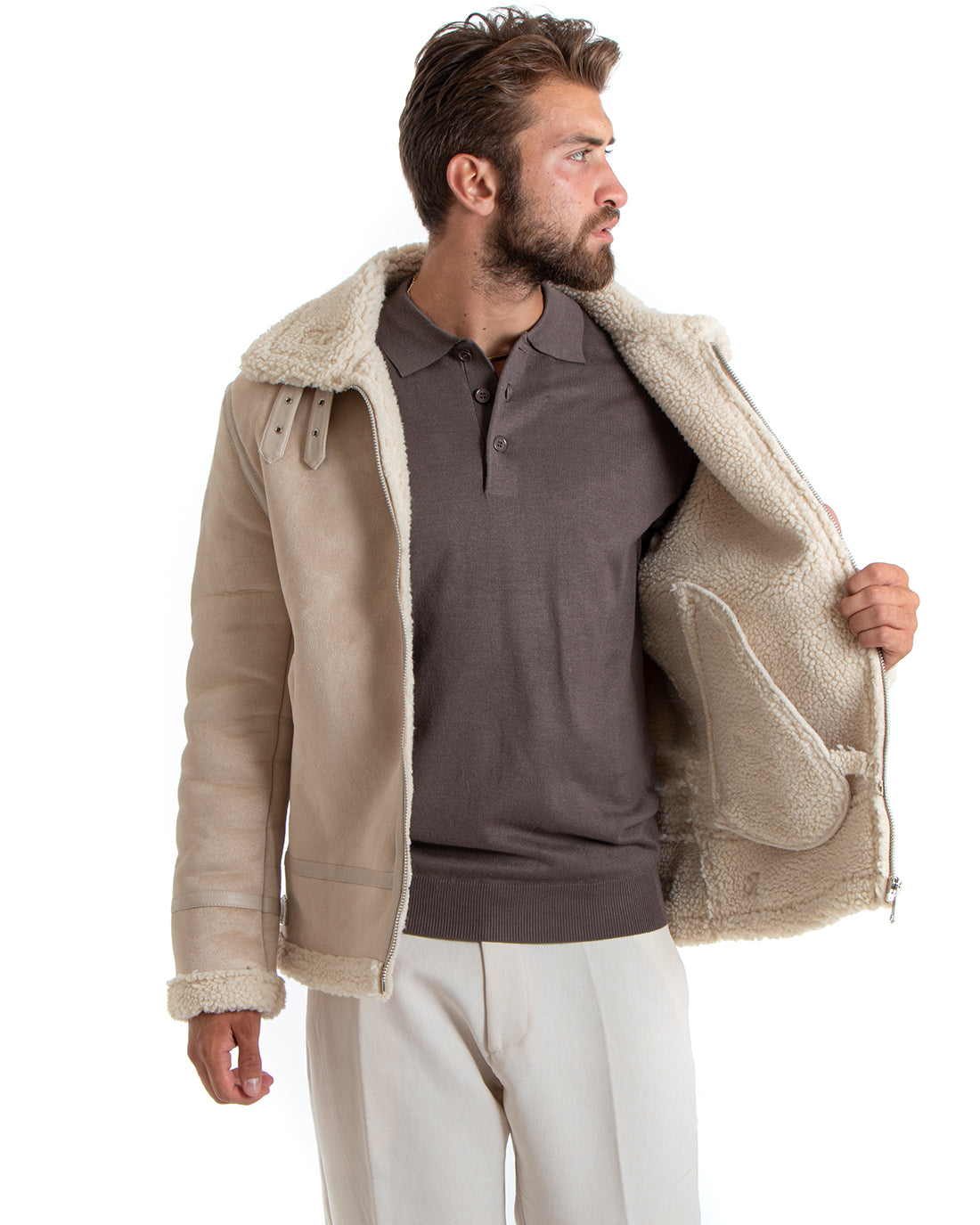 Giubbotto Uomo Giacca Montone Beige Aviatore Con Pelliccia Casual Double Face GIOSAL-G3104A