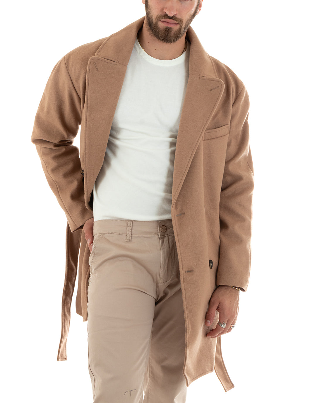 Cappotto Doppiopetto Uomo Giacca Con Cintura Giaccone Lungo Elegante Camel GIOSAL-G3112A