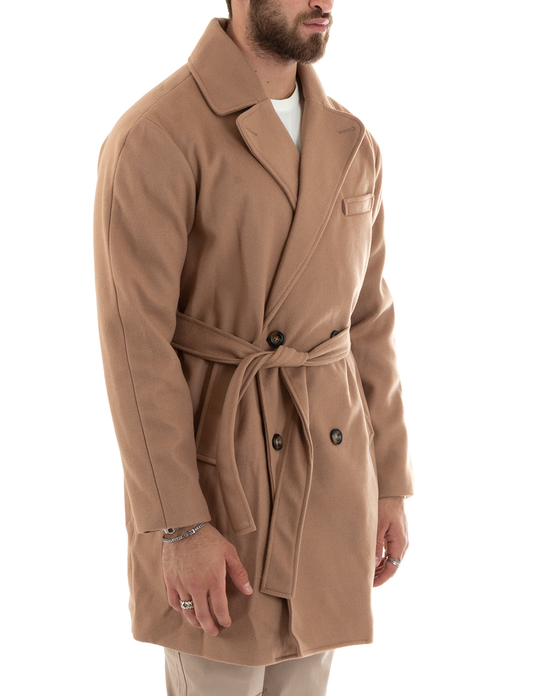 Cappotto Doppiopetto Uomo Giacca Con Cintura Giaccone Lungo Elegante Camel GIOSAL-G3112A