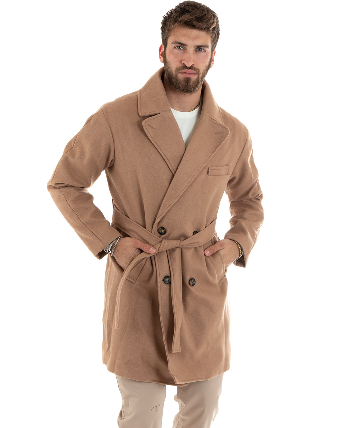 Cappotto Doppiopetto Uomo Giacca Con Cintura Giaccone Lungo Elegante Camel GIOSAL-G3112A