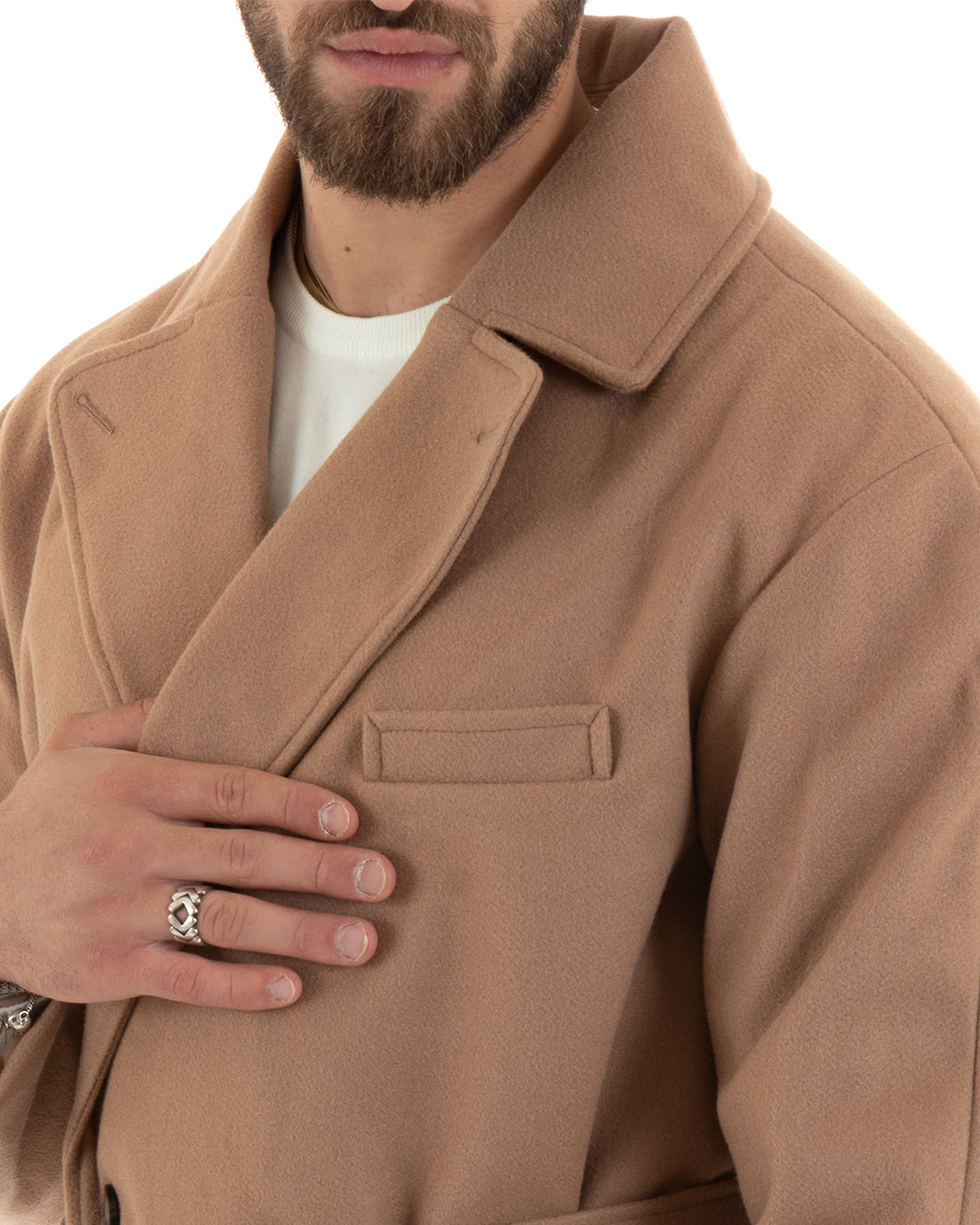 Cappotto Doppiopetto Uomo Giacca Con Cintura Giaccone Lungo Elegante Camel GIOSAL-G3112A