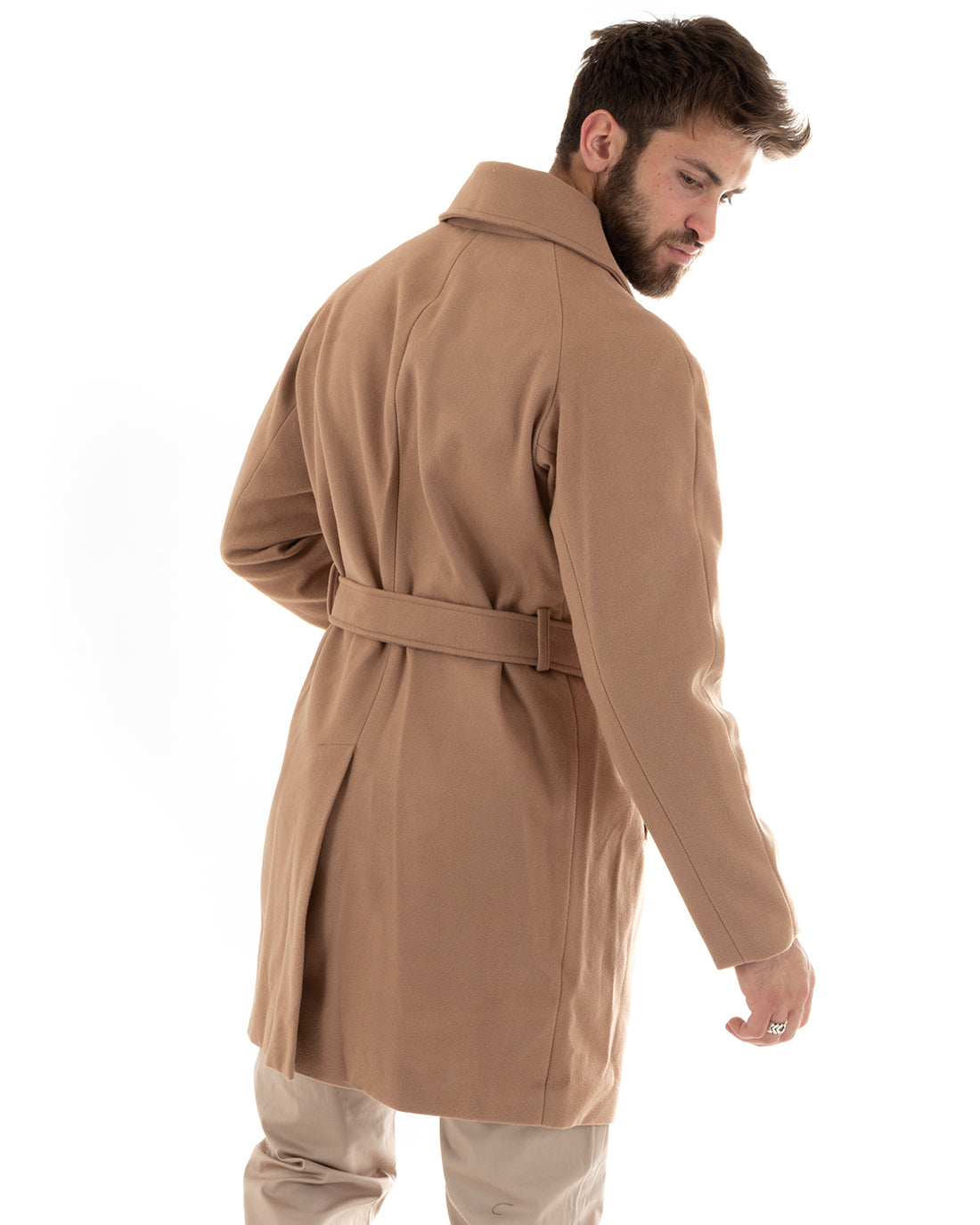 Cappotto Doppiopetto Uomo Giacca Con Cintura Giaccone Lungo Elegante Camel GIOSAL-G3112A