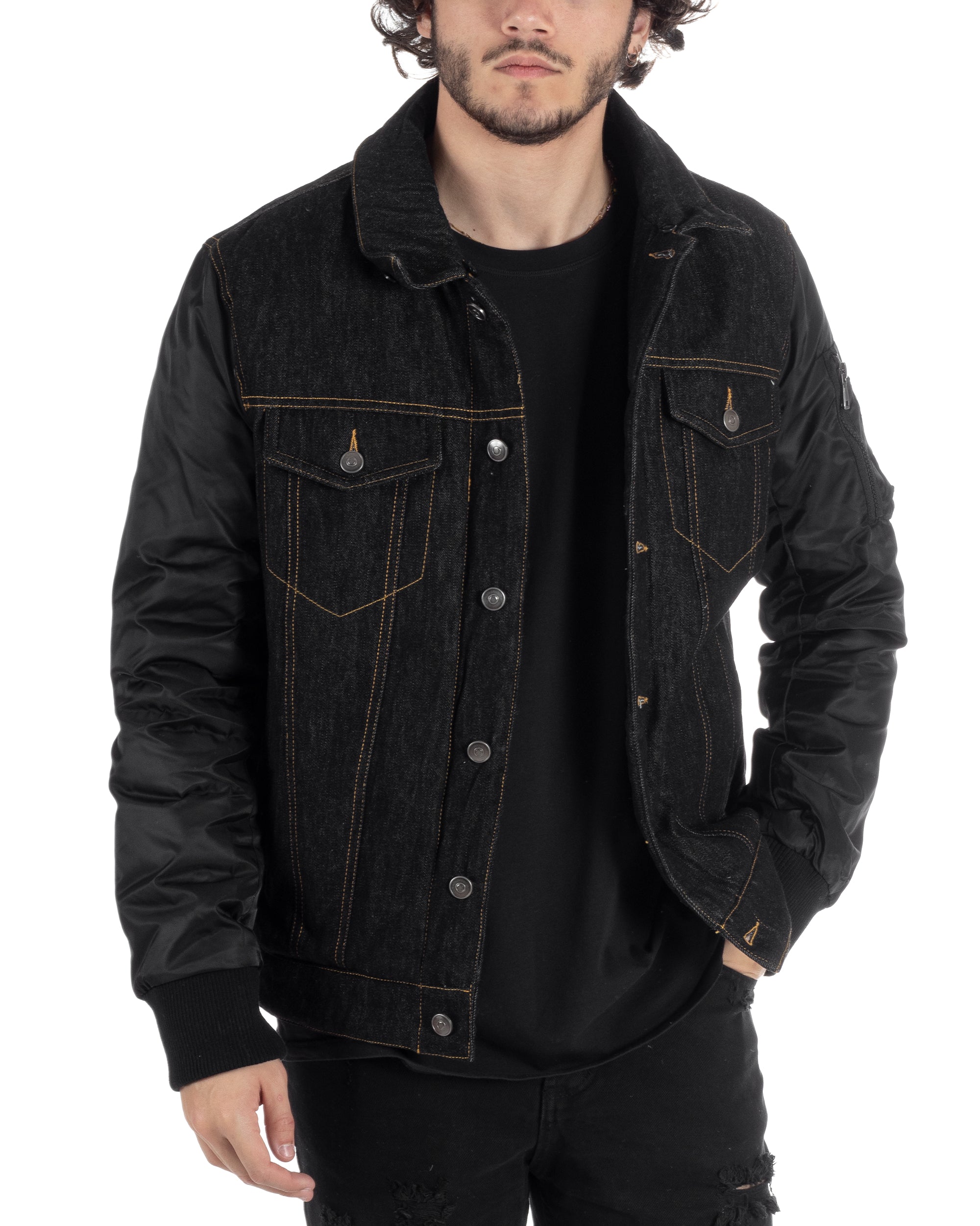 Giubbotto Uomo Jeans Denim Nero Lucido Bomber Con Colletto Pelliccia GIOSAL-G3116A