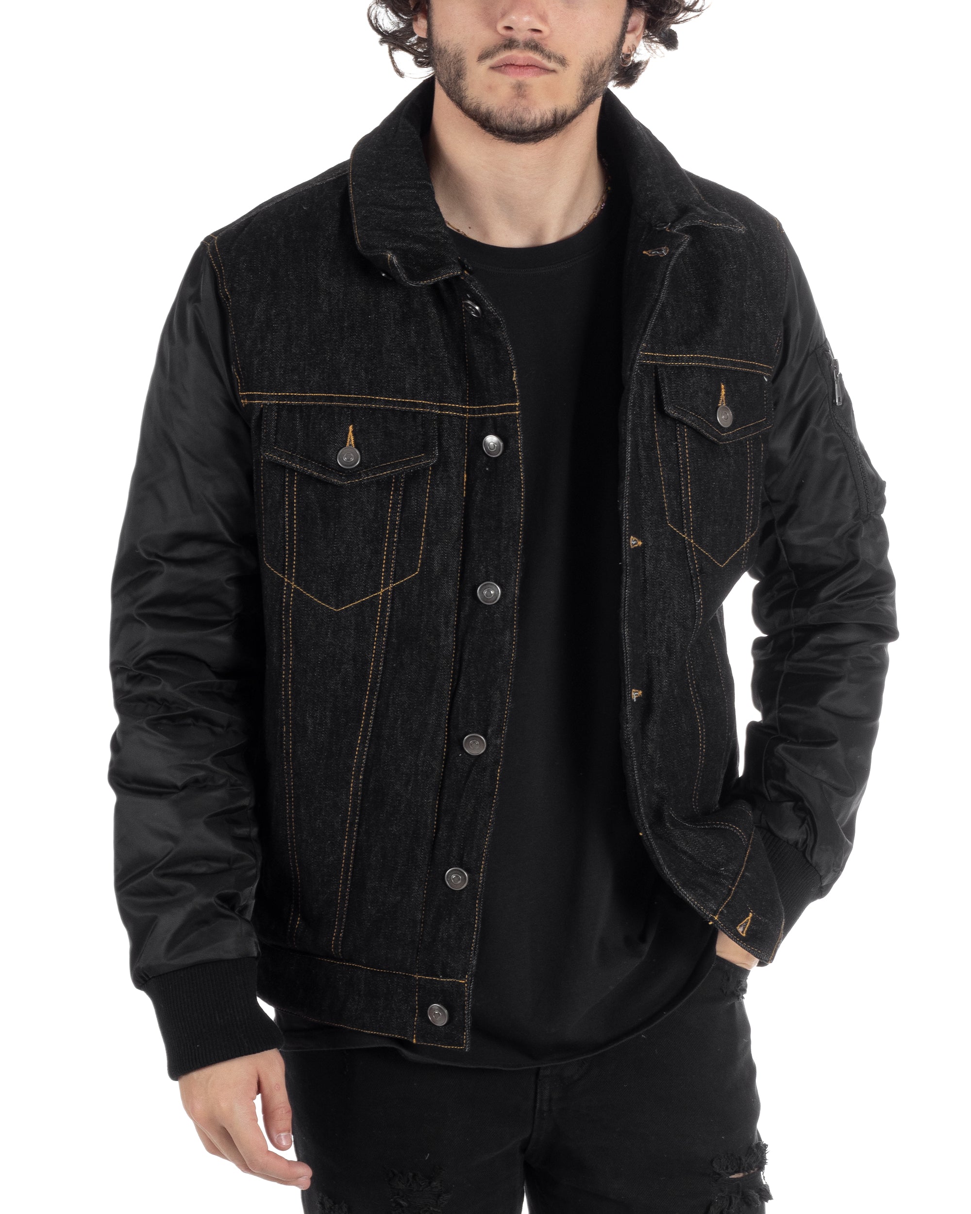 Giubbotto Uomo Jeans Denim Nero Lucido Bomber Con Colletto Pelliccia G