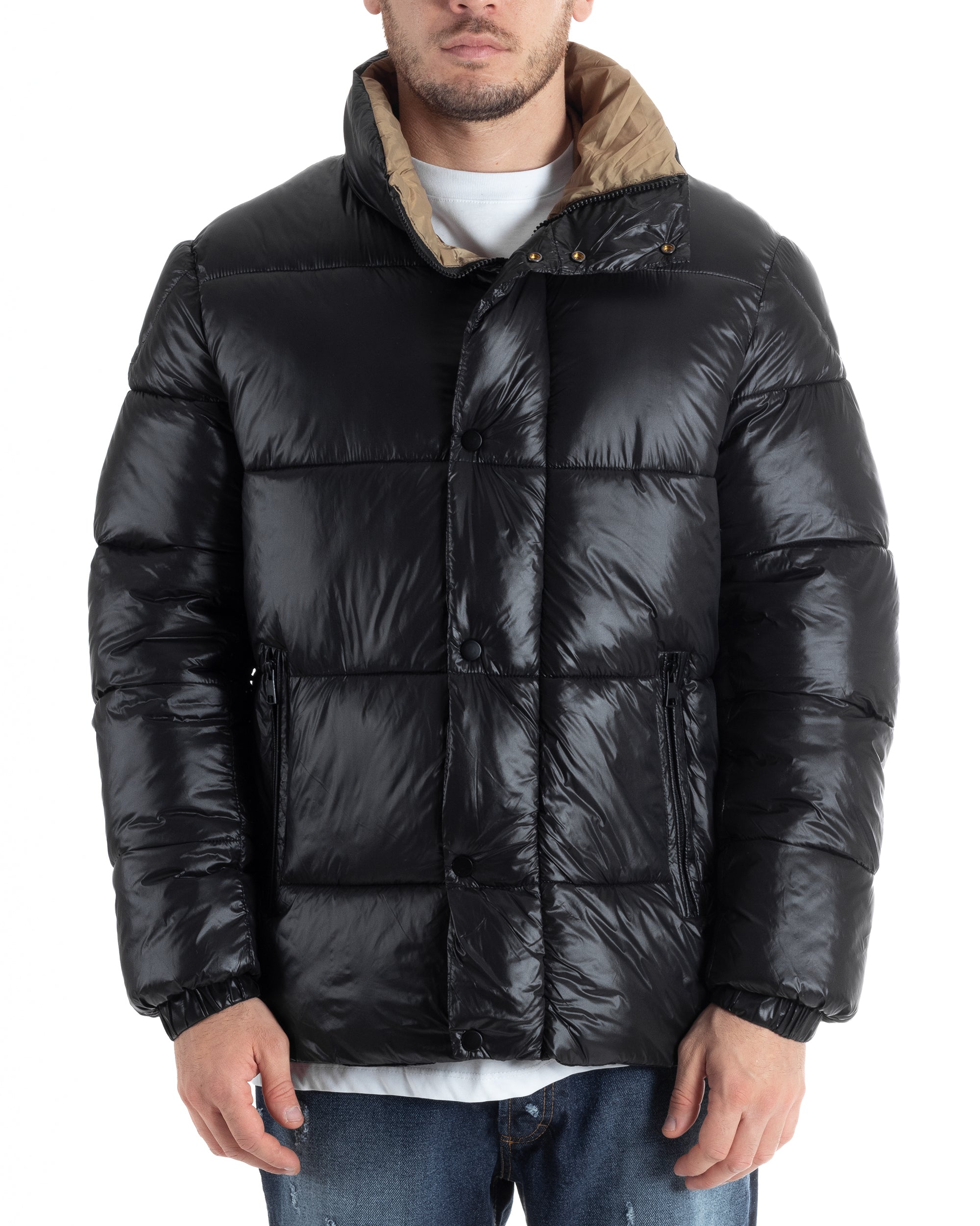 Giubbotto Uomo Piumino Tinta Unita Nero Lucido Bomber Puffer GIOSAL-G3130A