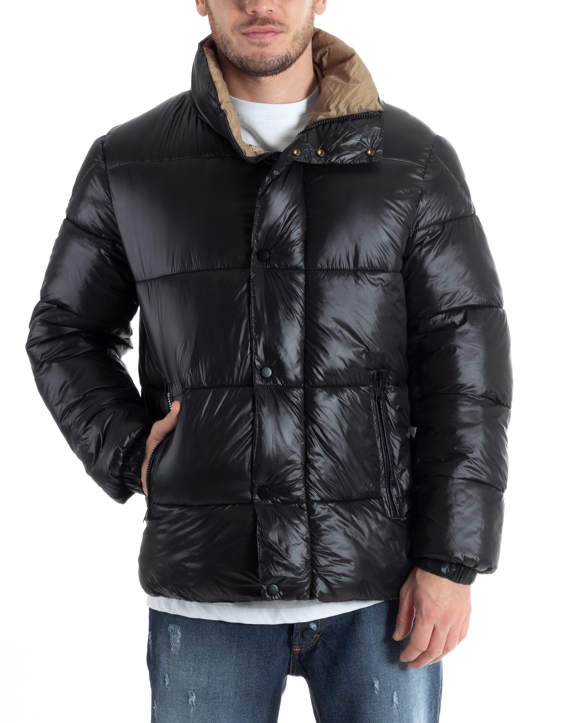 Giubbotto Uomo Piumino Tinta Unita Nero Lucido Bomber Puffer GIOSAL-G3
