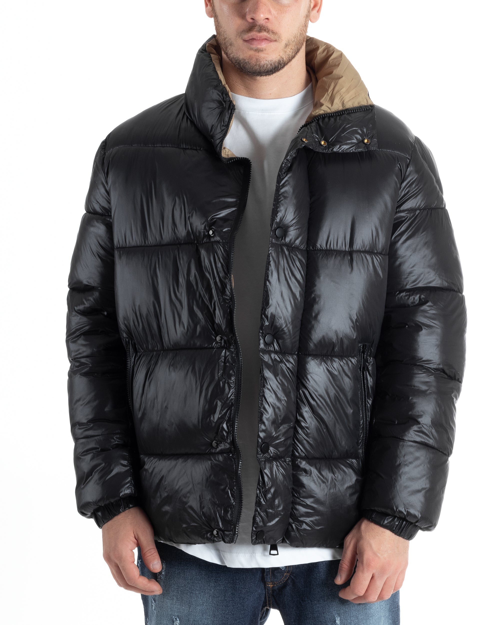 Giubbotto Uomo Piumino Tinta Unita Nero Lucido Bomber Puffer GIOSAL-G3130A