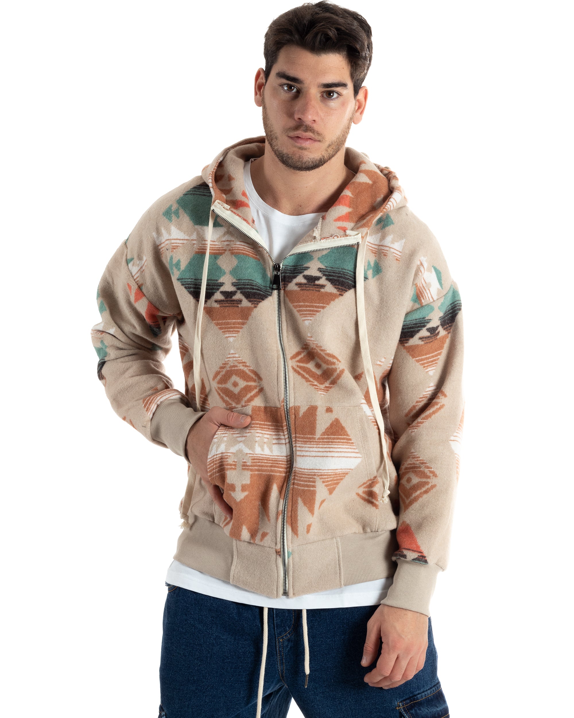 Giubbotto Uomo Con Cappuccio Felpa Con Zip Casual Fantasia Etnica Beige GIOSAL-G3139A