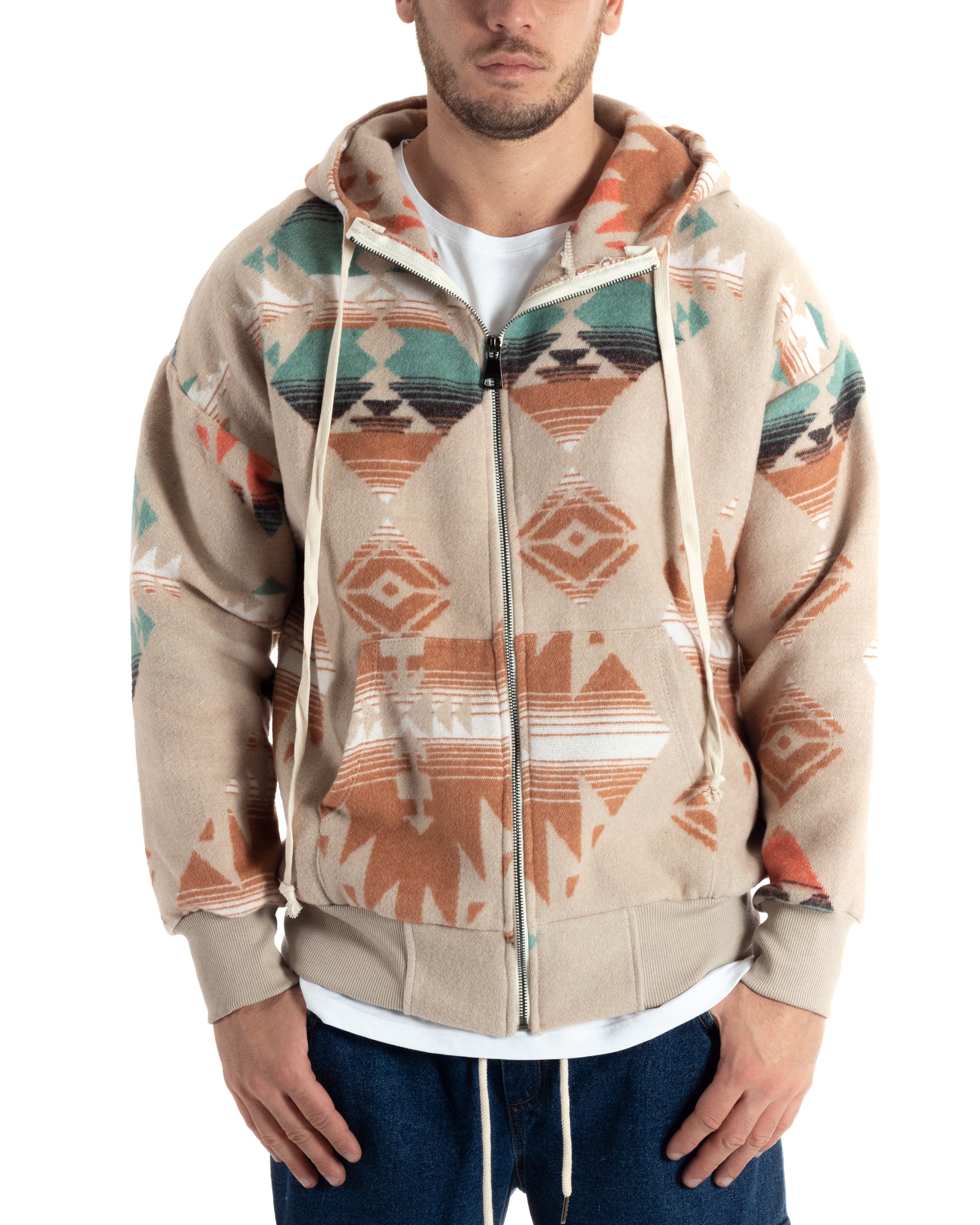 Giubbotto Uomo Con Cappuccio Felpa Con Zip Casual Fantasia Etnica Beige GIOSAL-G3139A