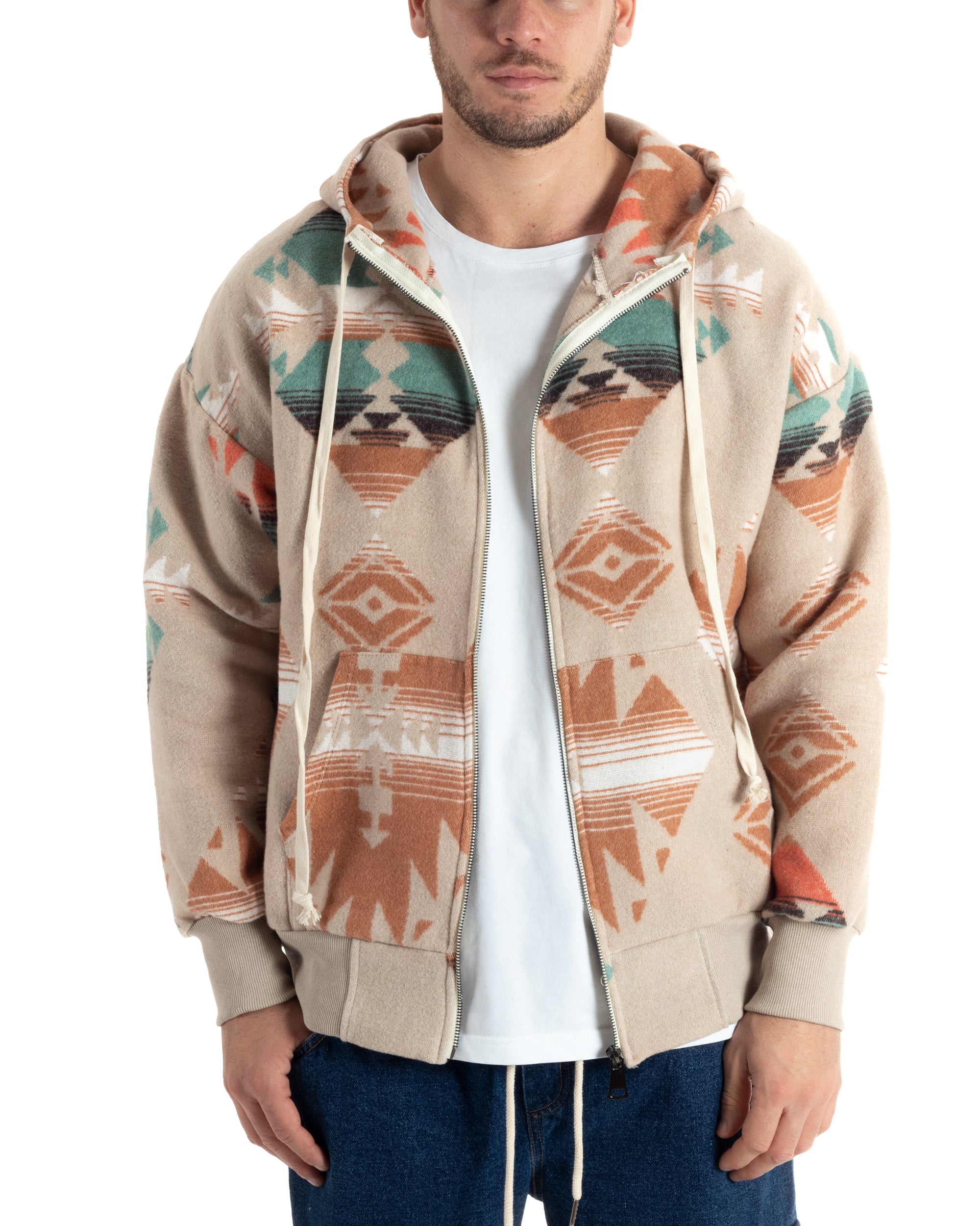 Giubbotto Uomo Con Cappuccio Felpa Con Zip Casual Fantasia Etnica Beige GIOSAL-G3139A