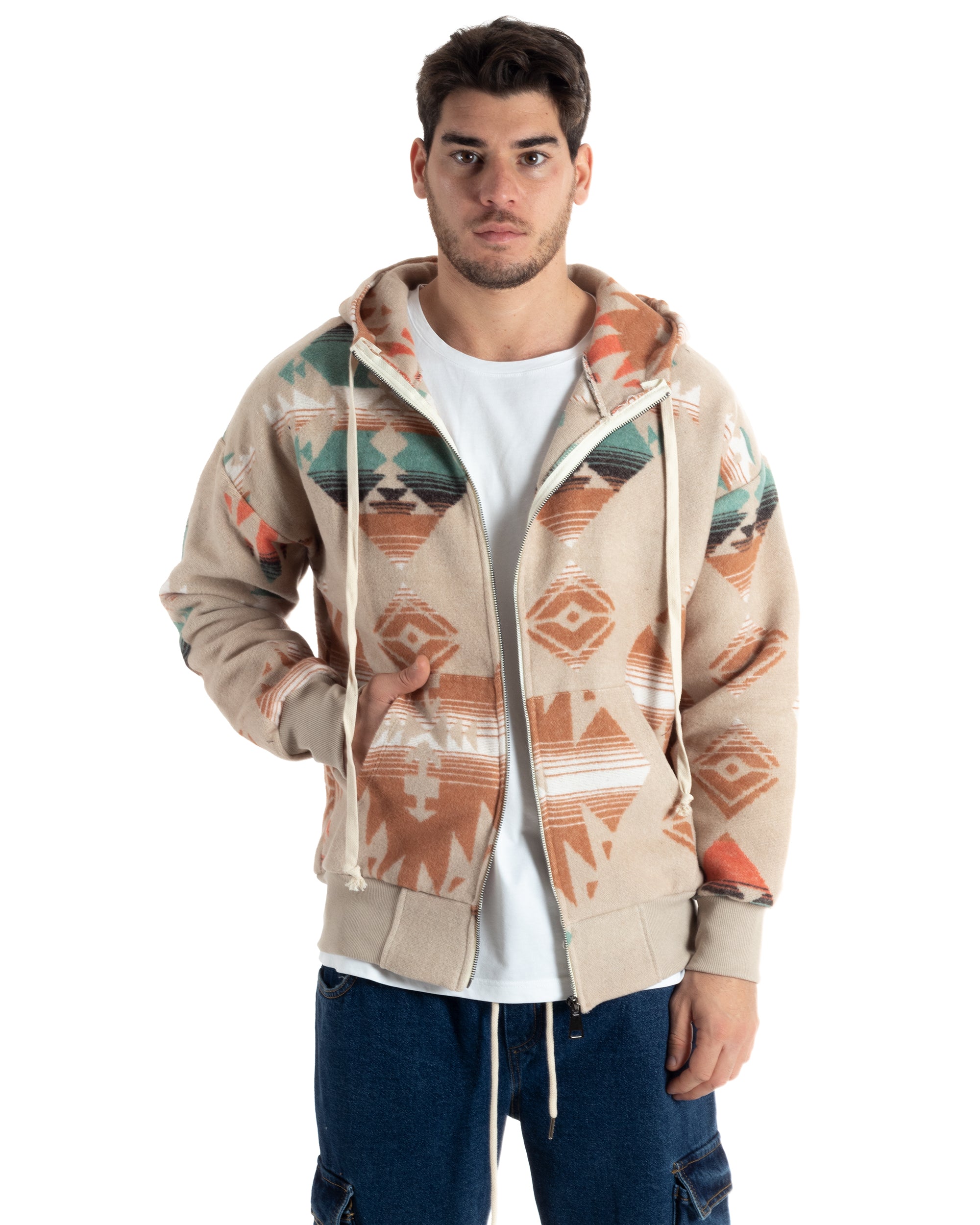 Giubbotto Uomo Con Cappuccio Felpa Con Zip Casual Fantasia Etnica Beige GIOSAL-G3139A
