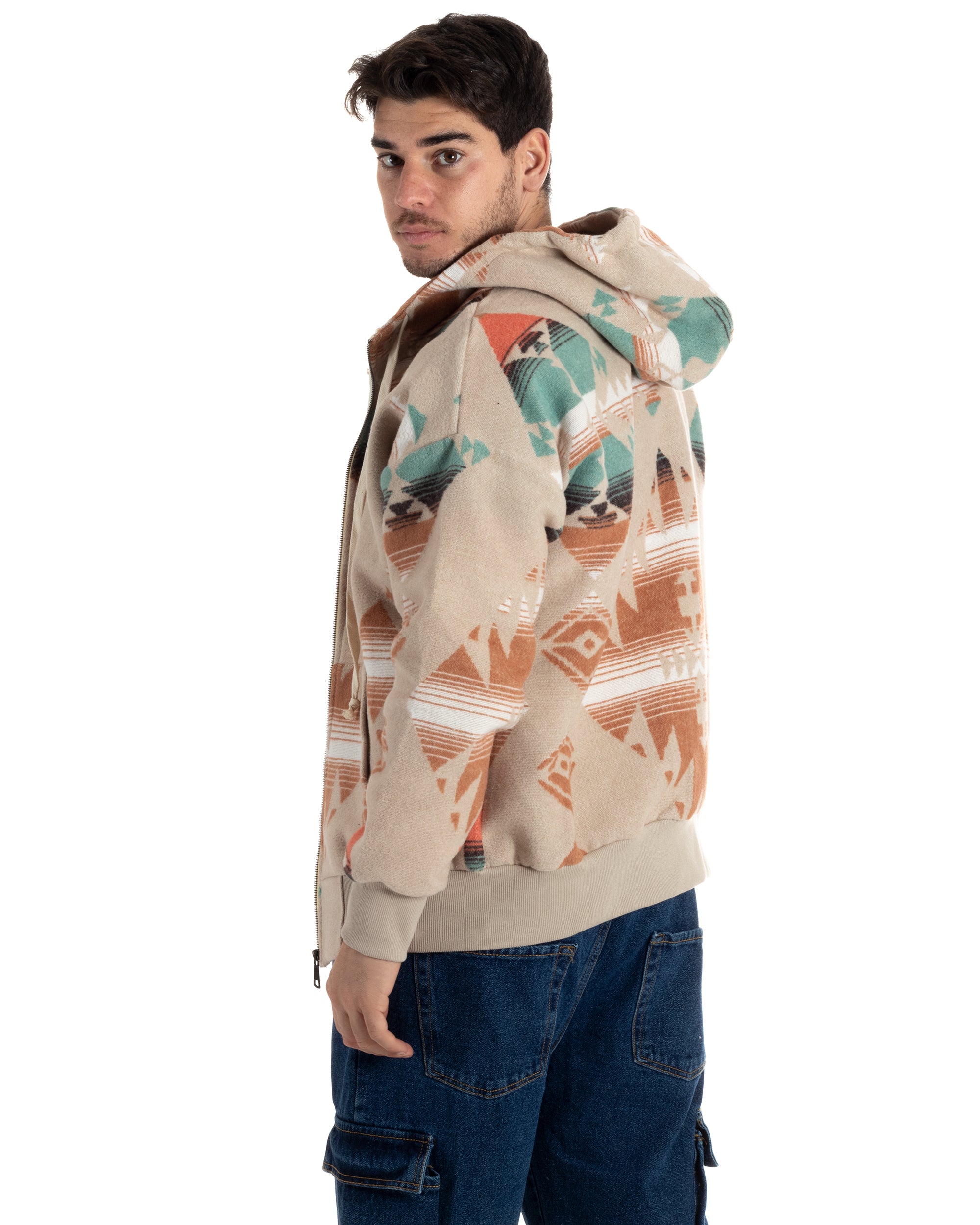 Giubbotto Uomo Con Cappuccio Felpa Con Zip Casual Fantasia Etnica Beige GIOSAL-G3139A