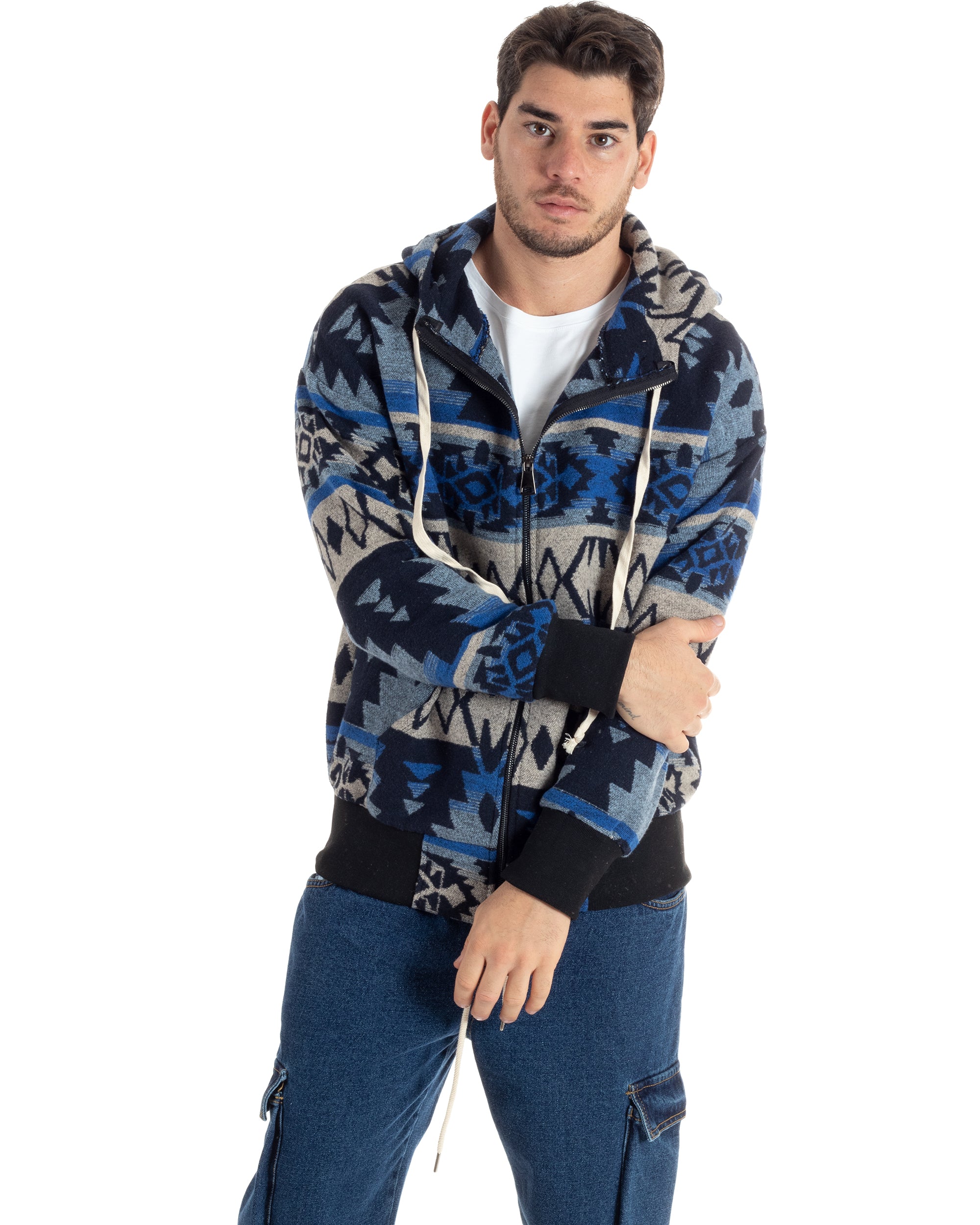 Giubbotto Uomo Con Cappuccio Felpa Con Zip Casual Fantasia Etnica Blu GIOSAL-G3140A