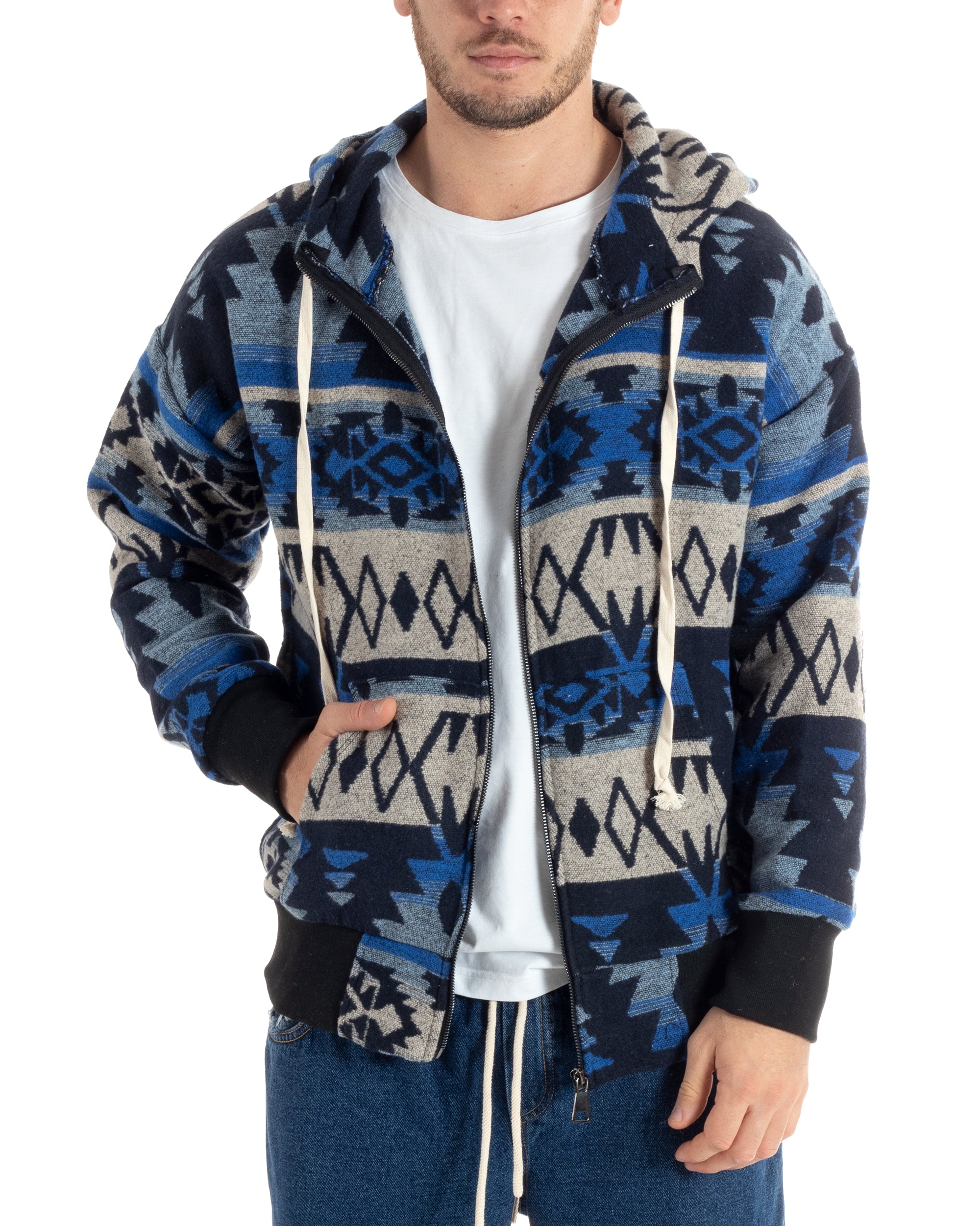 Giubbotto Uomo Con Cappuccio Felpa Con Zip Casual Fantasia Etnica Blu GIOSAL-G3140A