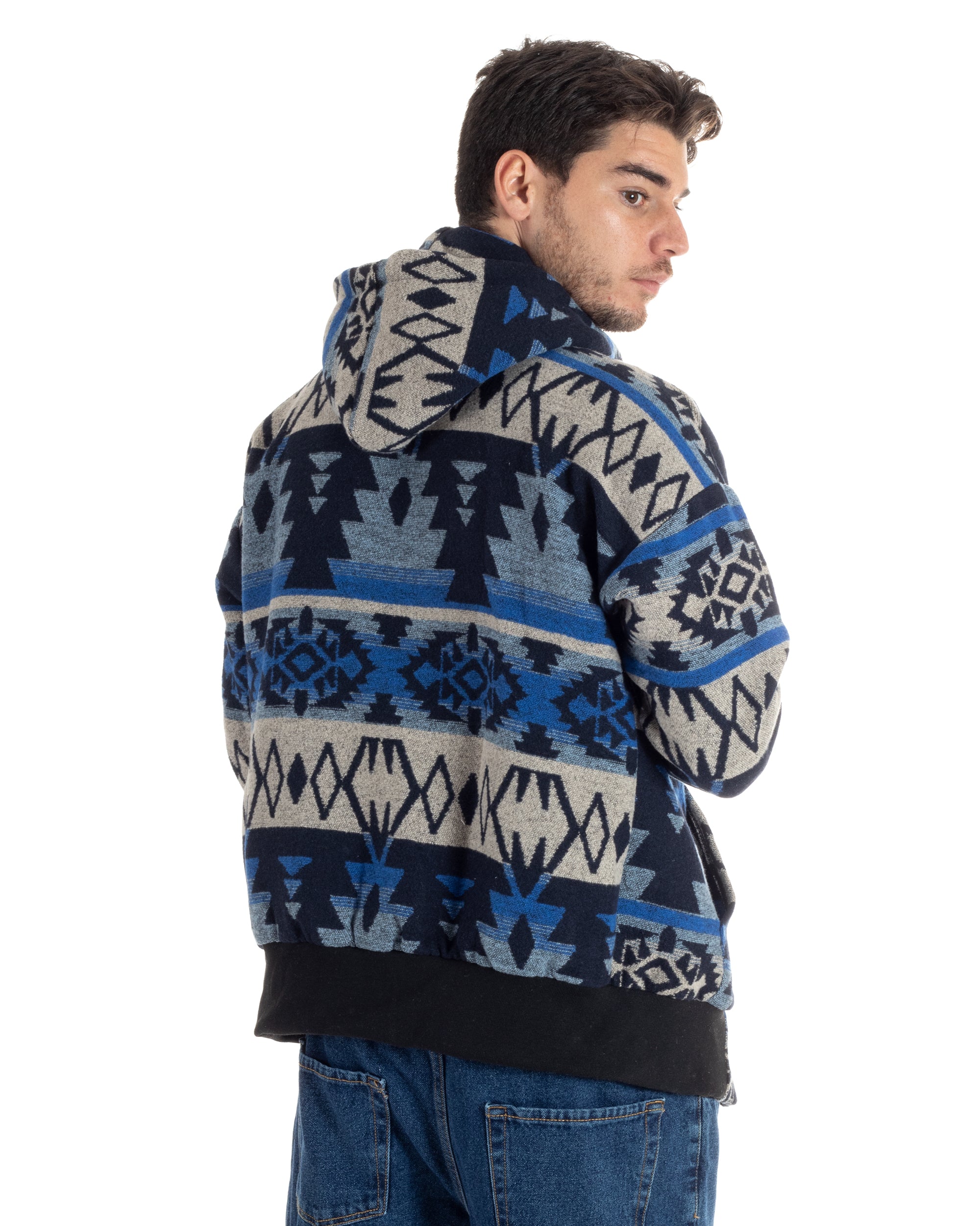 Giubbotto Uomo Con Cappuccio Felpa Con Zip Casual Fantasia Etnica Blu GIOSAL-G3140A