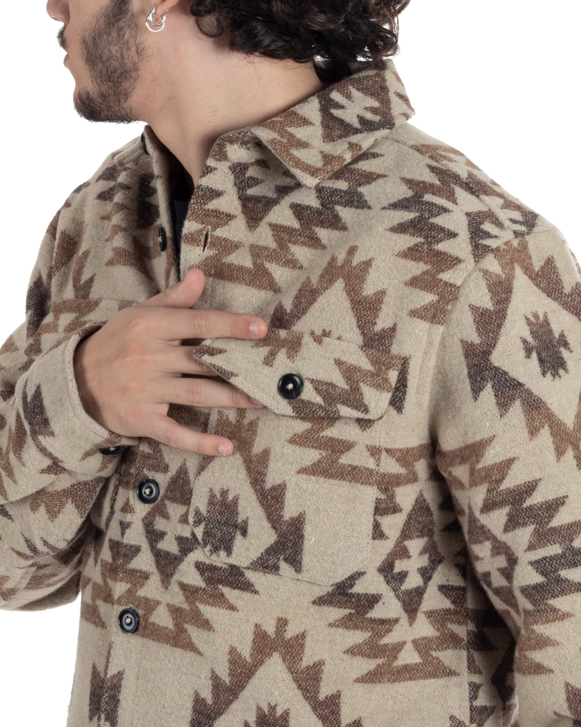 Giubbotto Uomo Con Colletto Shacket Azteco Camicione Etnico Beige GIOSAL-G3142A