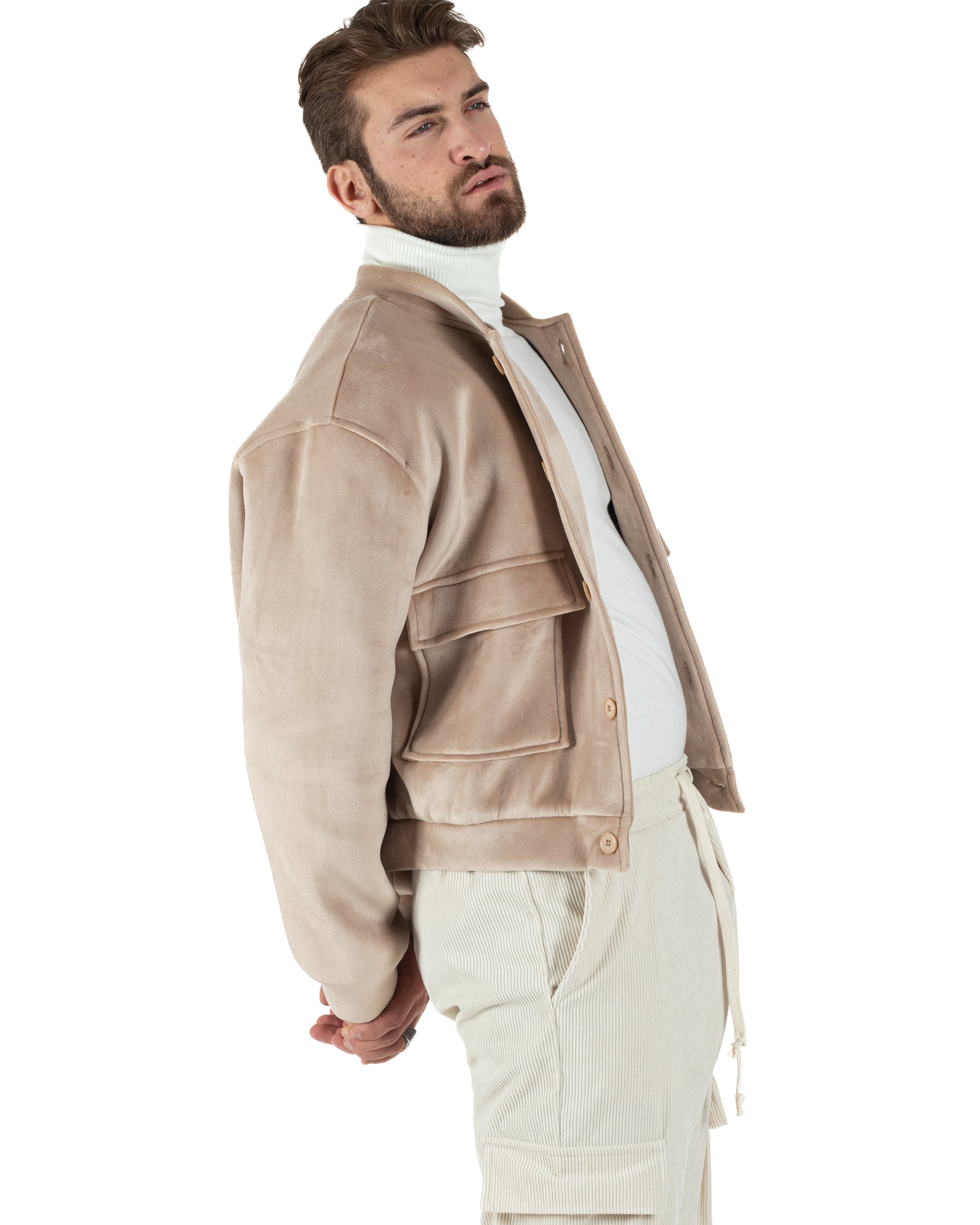 Giubbotto Uomo Giacca Crop College Corto Camoscio Con Bottoni Tasche Con Patta Beige GIOSAL-G3144A