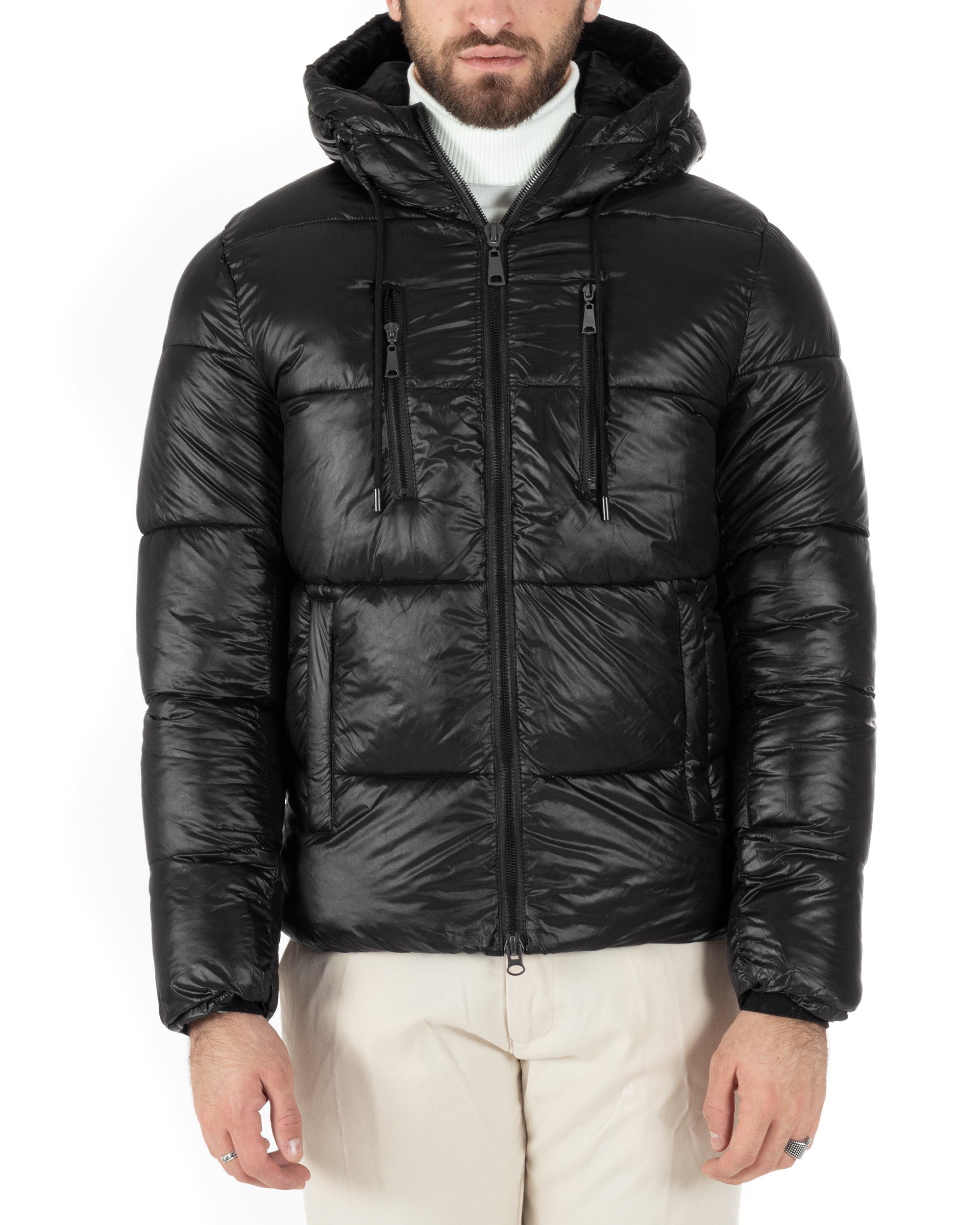 Giubbotto Uomo Bomber Tinta Unita Nero Lucido Opaco Puffer Trapuntato Cappuccio GIOSAL-G3145A