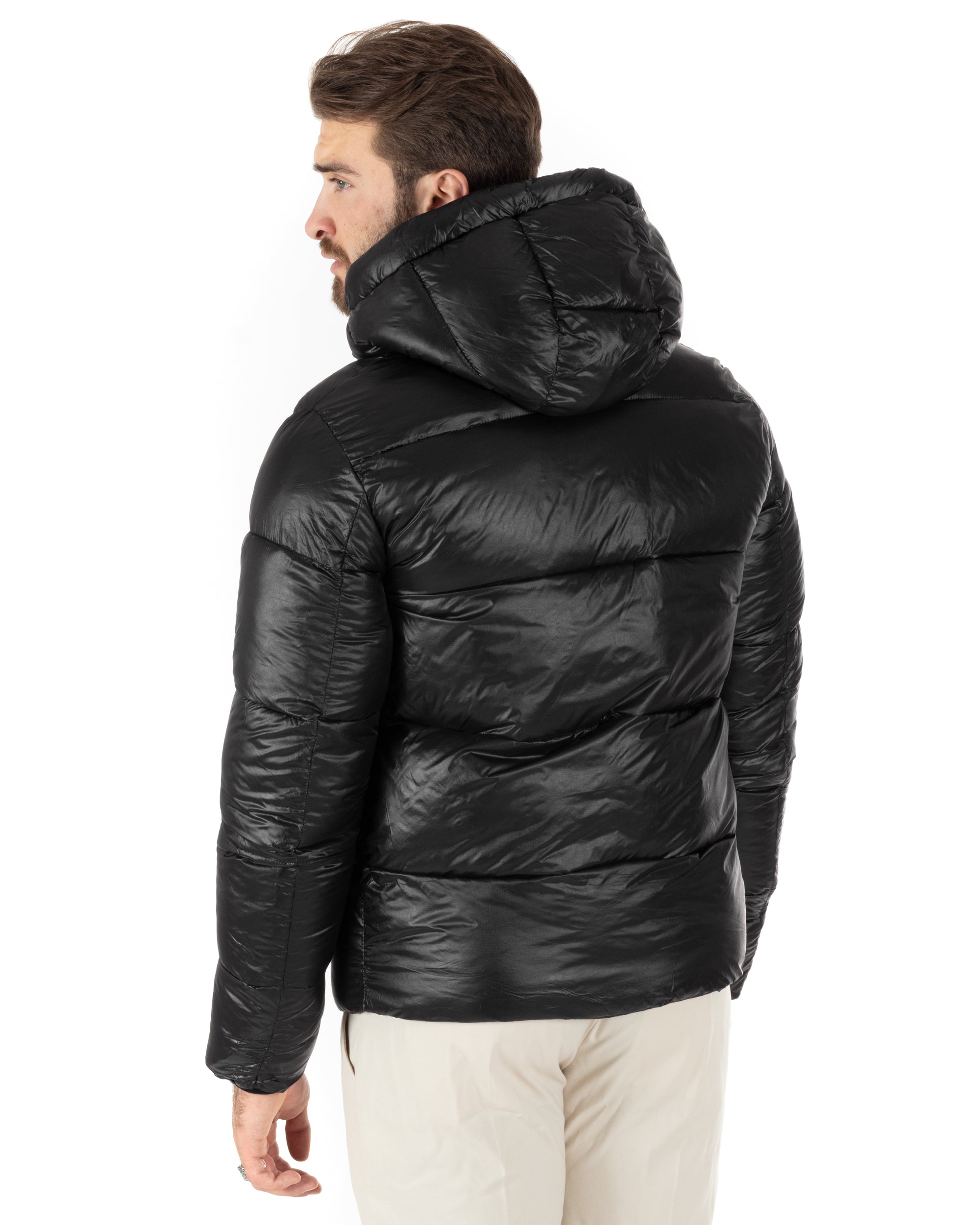 Giubbotto Uomo Bomber Tinta Unita Nero Lucido Opaco Puffer Trapuntato Cappuccio GIOSAL-G3145A