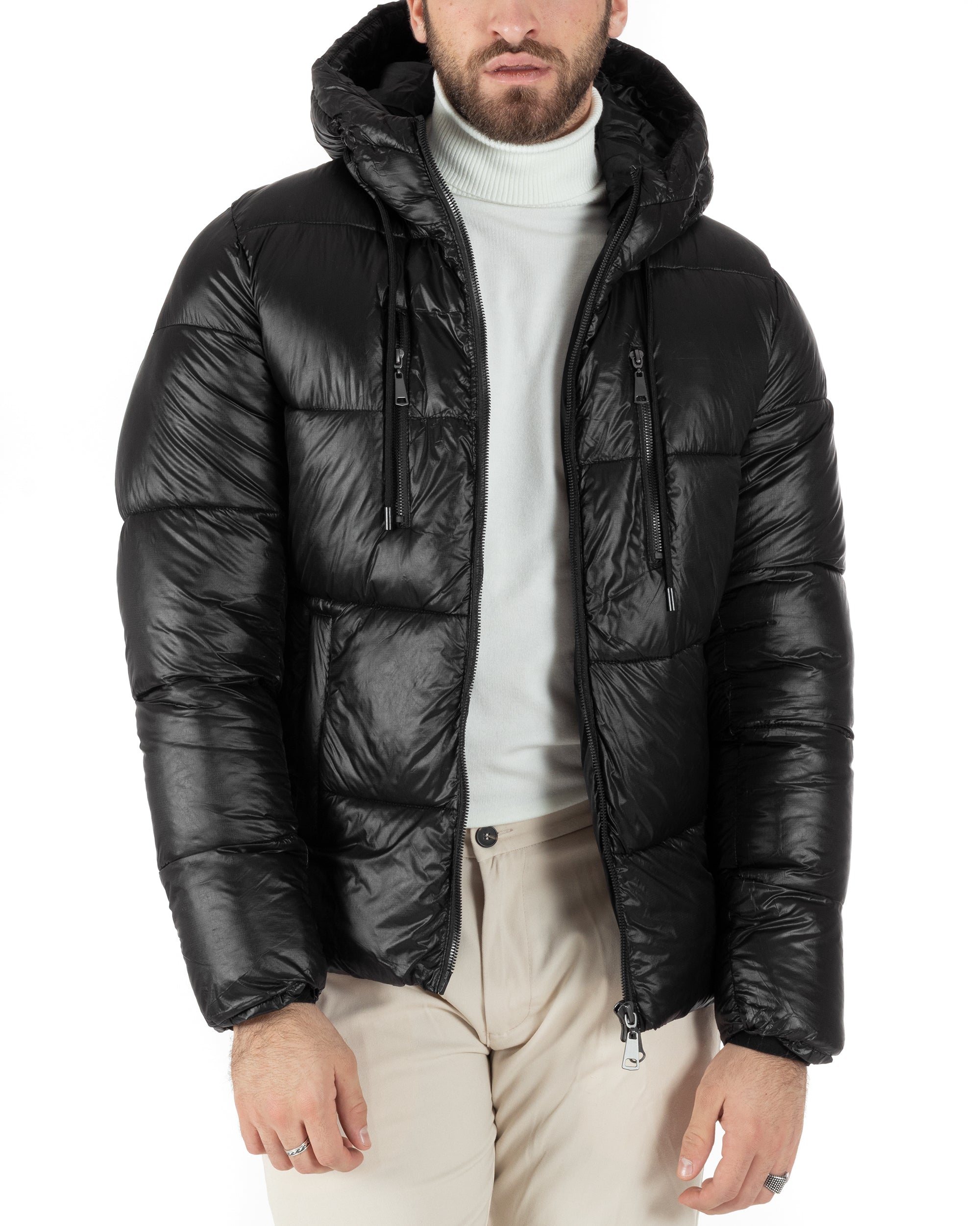 Giubbotto Uomo Bomber Tinta Unita Nero Lucido Opaco Puffer Trapuntato Cappuccio GIOSAL-G3145A