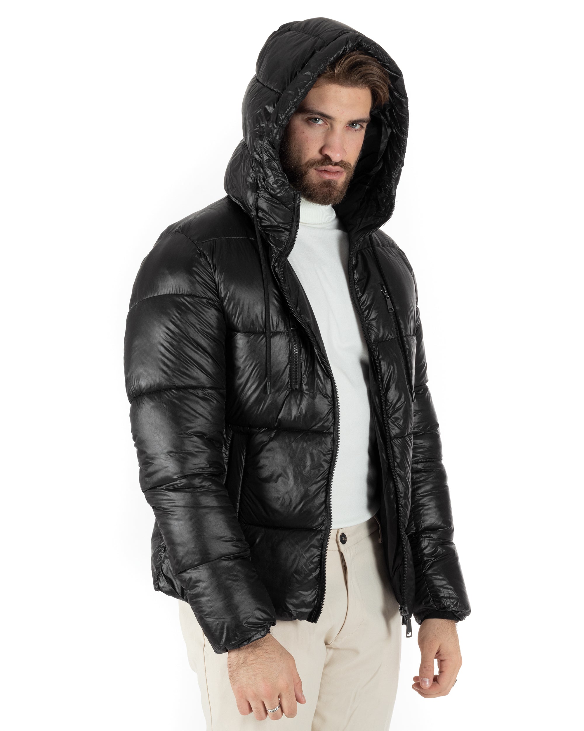 Giubbotto Uomo Bomber Tinta Unita Nero Lucido Opaco Puffer Trapuntato Cappuccio GIOSAL-G3145A