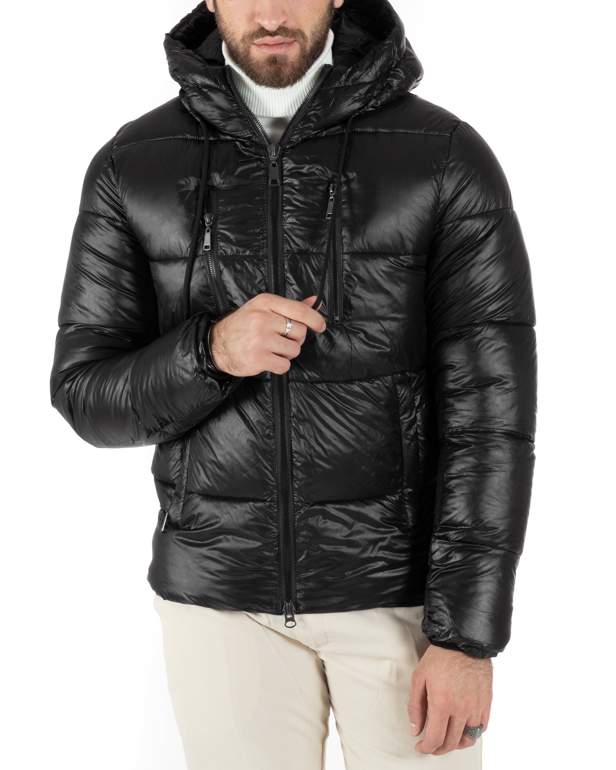 Giubbotto Uomo Bomber Tinta Unita Nero Lucido Opaco Puffer Trapuntato Cappuccio GIOSAL-G3145A