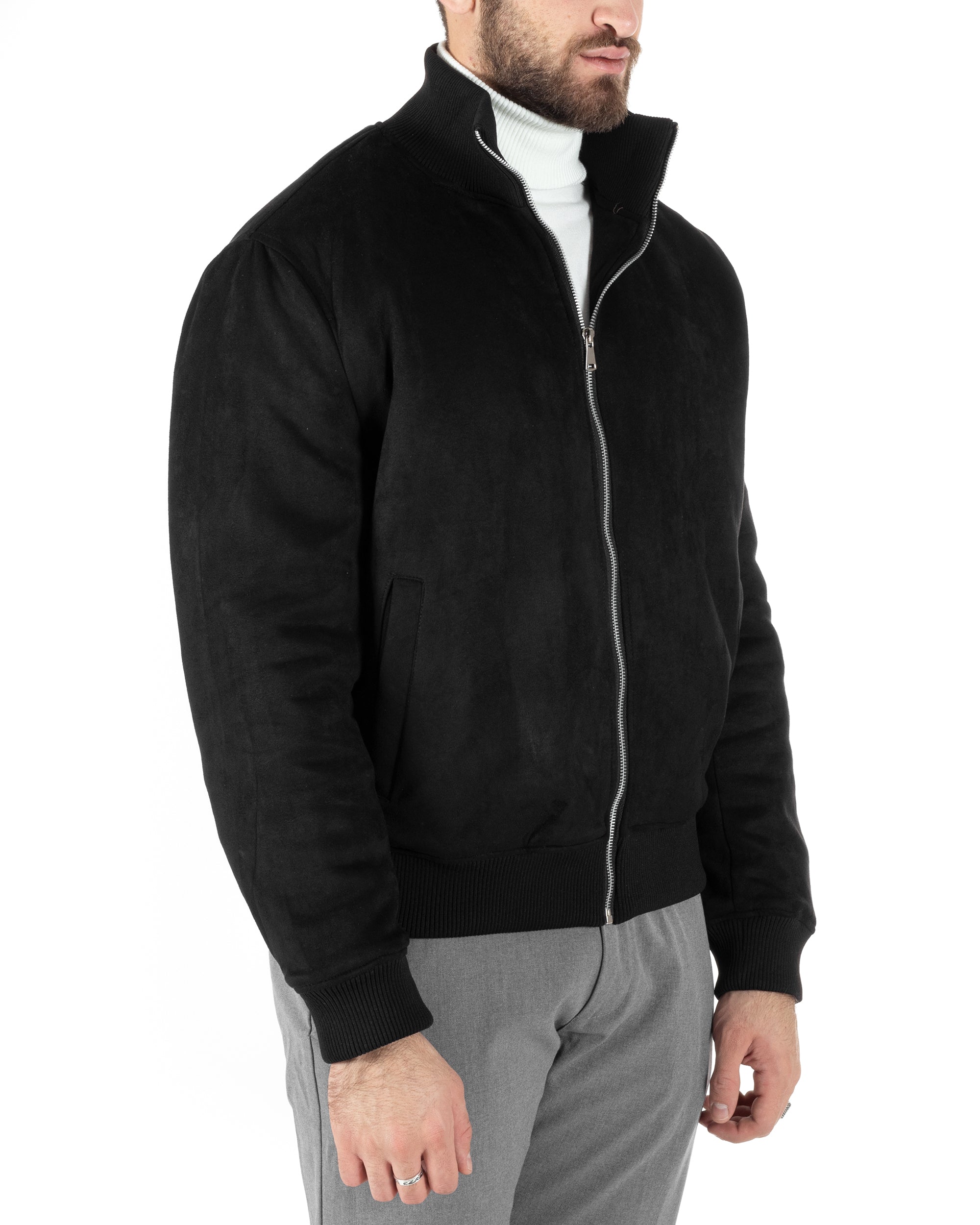 Giubbotto Uomo College Con Colletto Camoscio Tinta Unita Nero Casual GIOSAL-G3147A