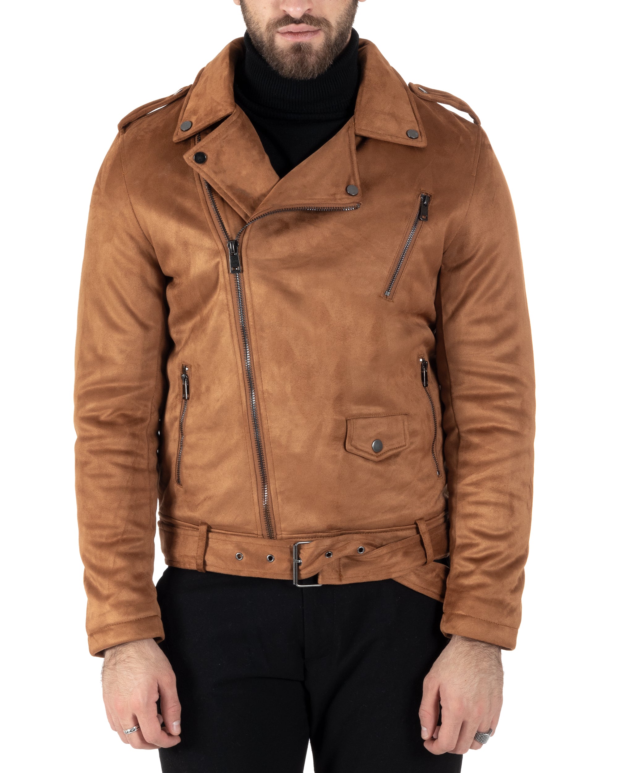 Giubbotto Uomo Chiodo Camoscio Zip Biker Imbottito Camel G3150A