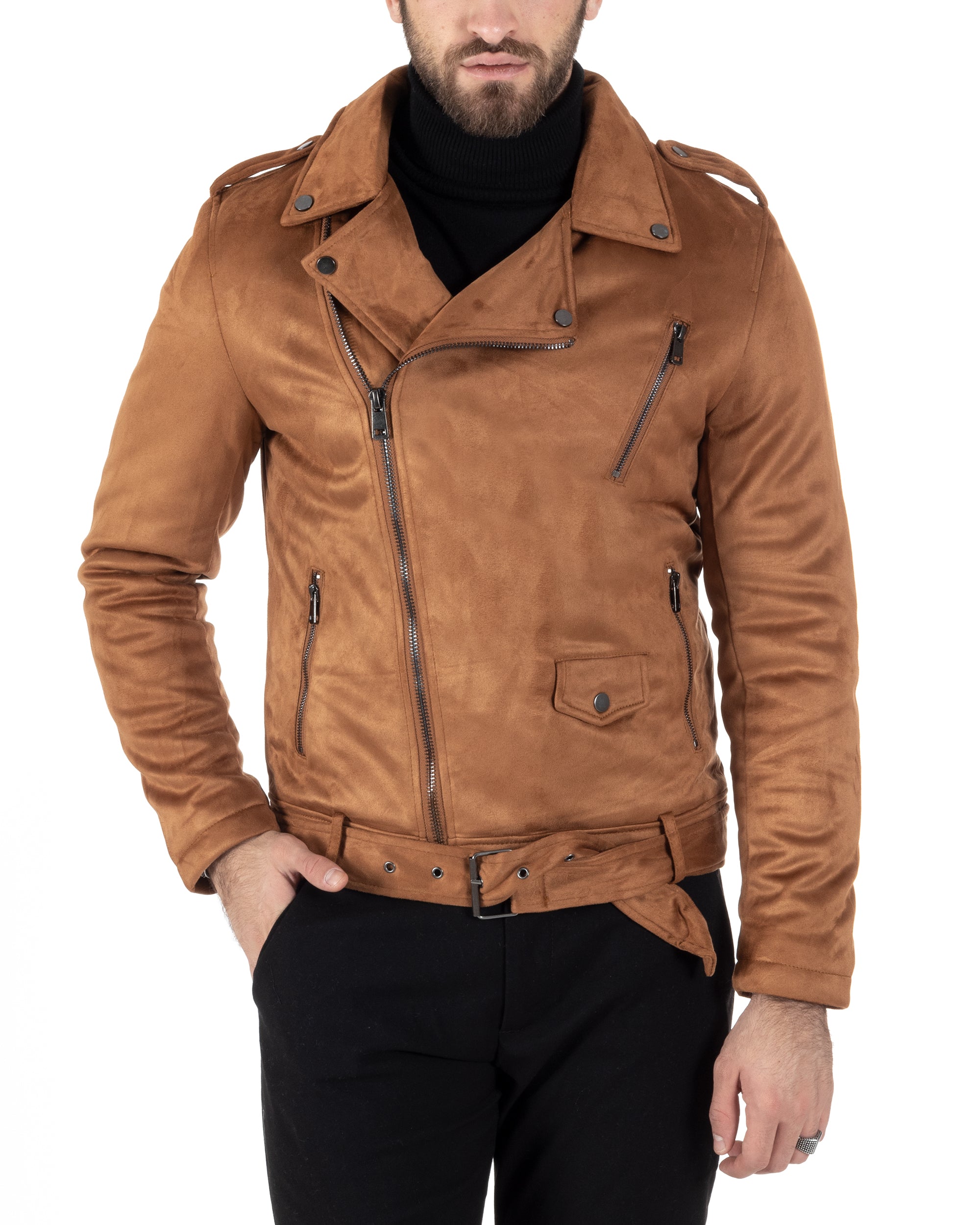 Giubbotto Uomo Chiodo Camoscio Camel Tinta Unita Zip Biker GIOSAL-G3150A