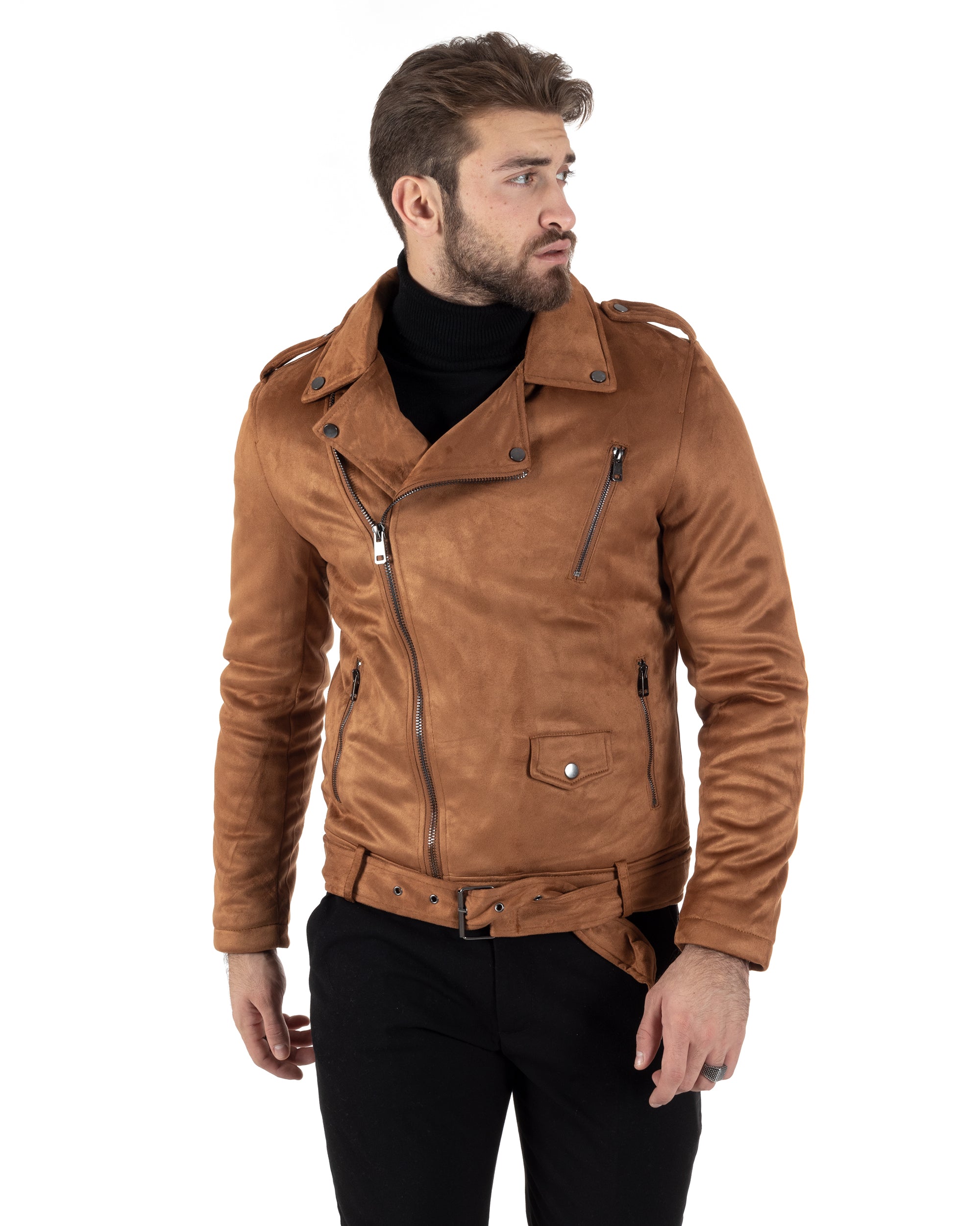 Giubbotto Uomo Chiodo Camoscio Camel Tinta Unita Zip Biker GIOSAL-G3150A