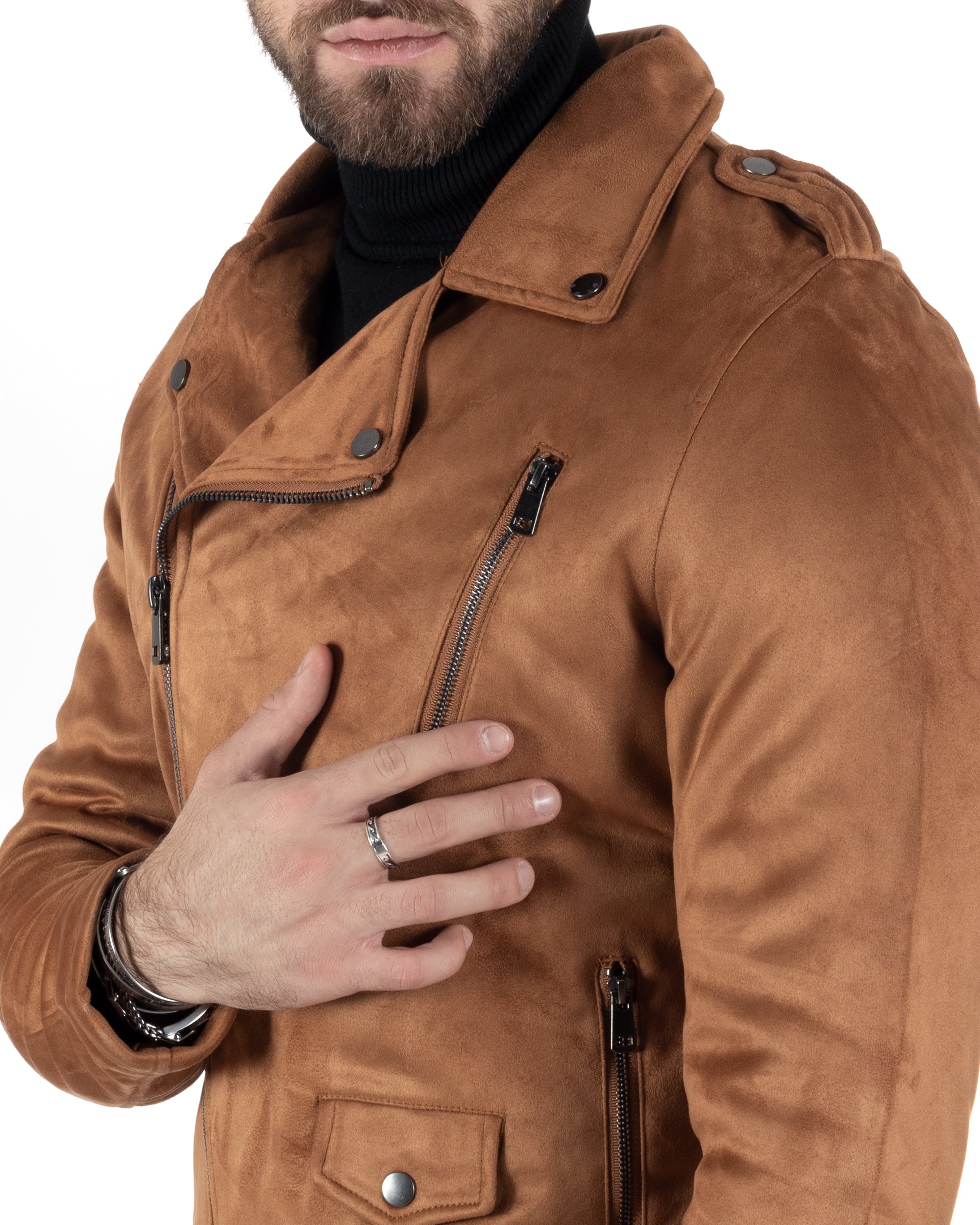 Giubbotto Uomo Chiodo Camoscio Camel Tinta Unita Zip Biker GIOSAL-G3150A