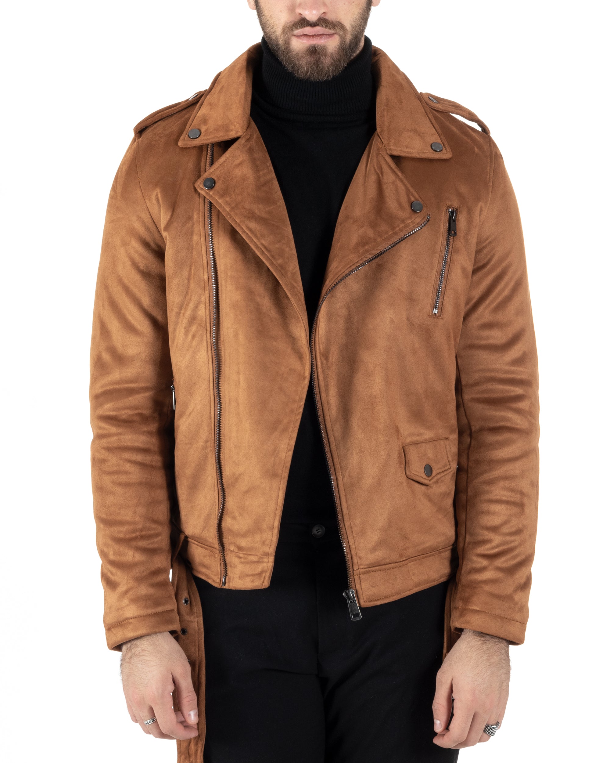 Giubbotto Uomo Chiodo Camoscio Zip Biker Imbottito Camel G3150A