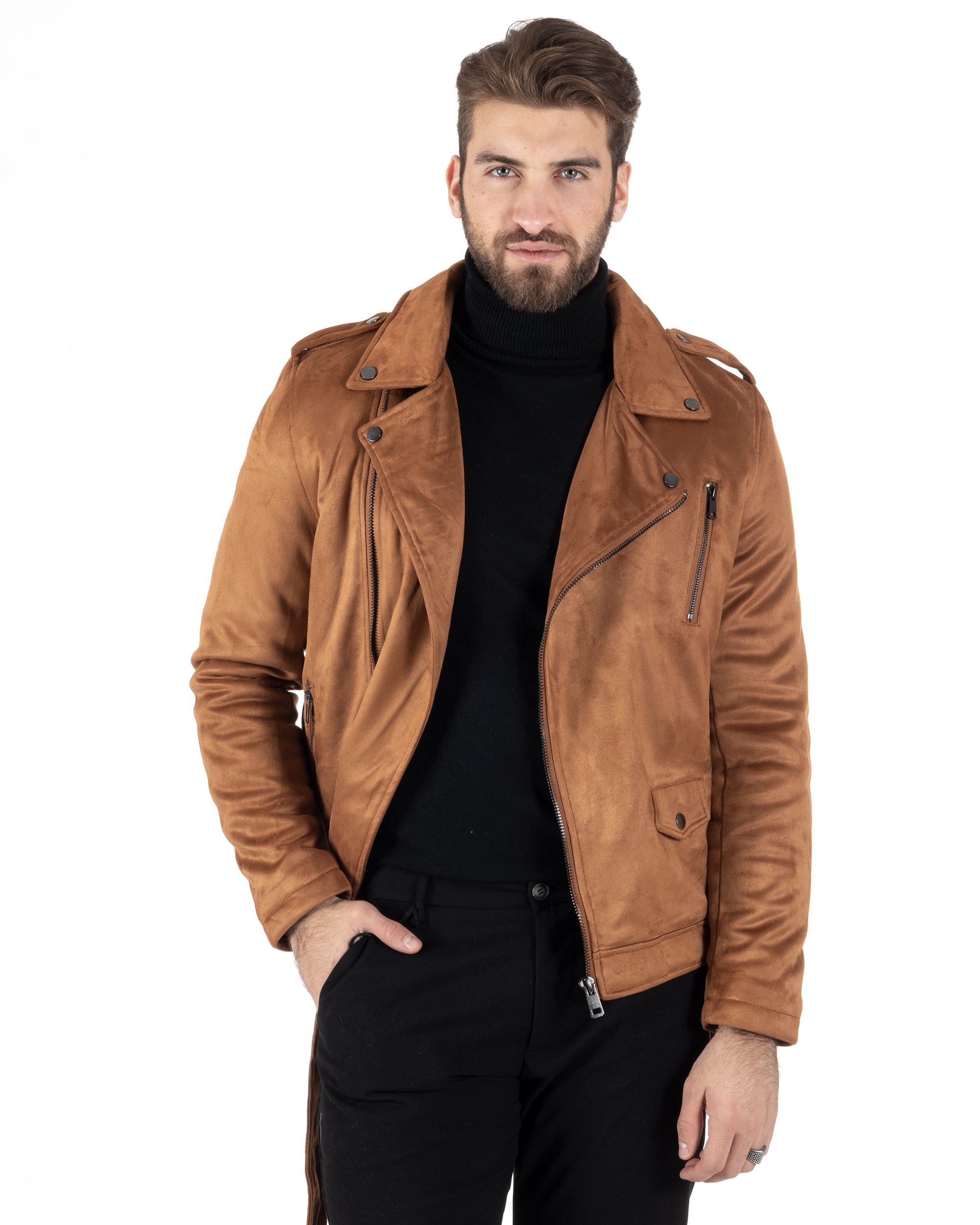 Giubbotto Uomo Chiodo Camoscio Camel Tinta Unita Zip Biker GIOSAL-G3150A