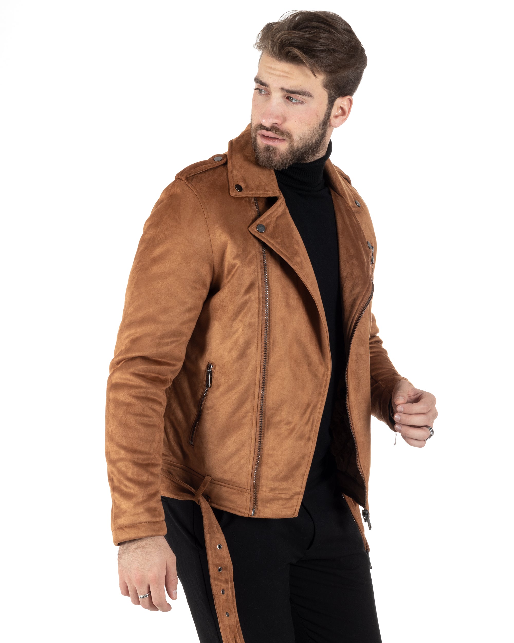 Giubbotto Uomo Chiodo Camoscio Camel Tinta Unita Zip Biker GIOSAL-G3150A