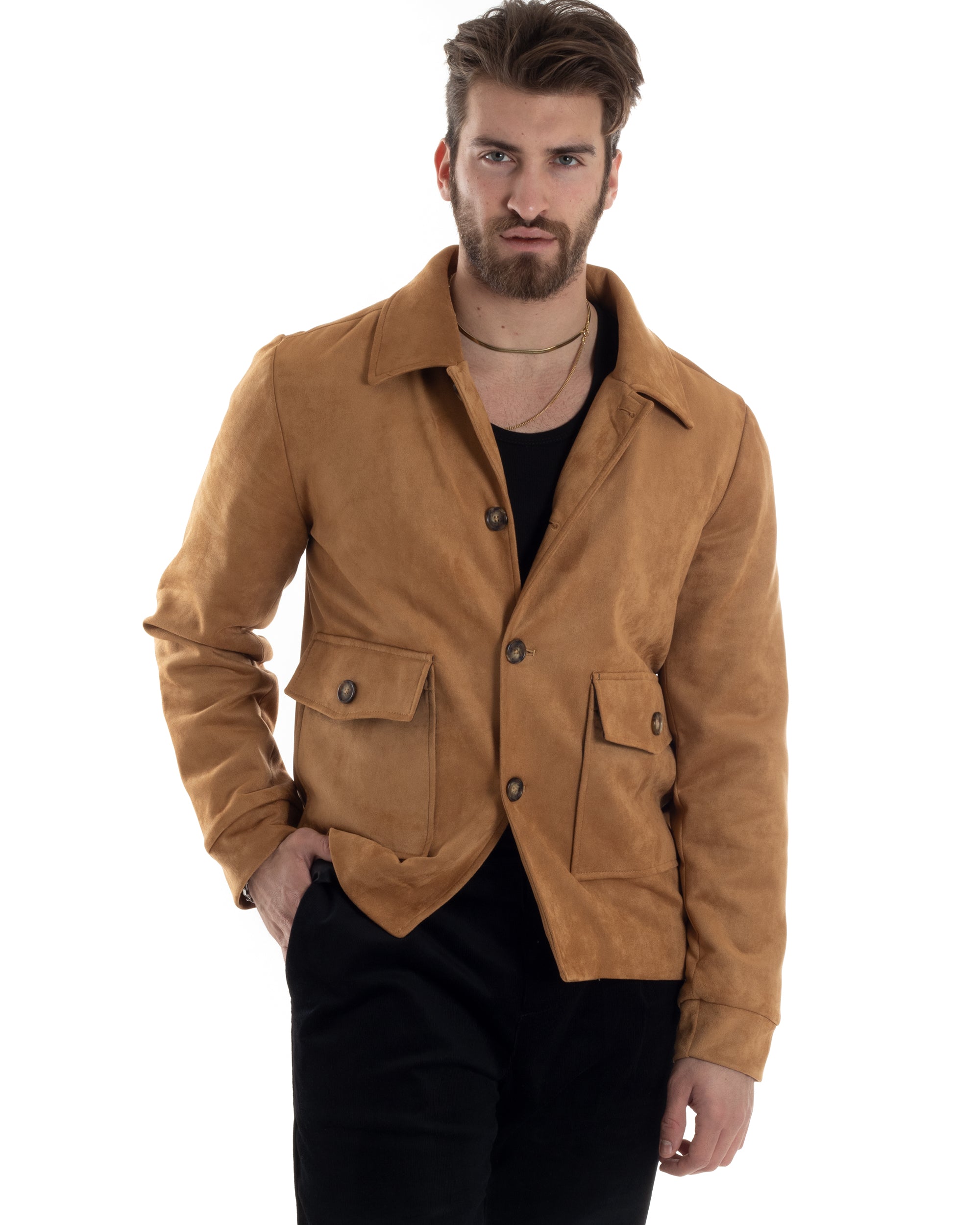 Giubbotto Uomo Giacca Con Colletto Camoscio Con Bottoni Tasche Con Patta Camel Casual GIOSAL-G3153A