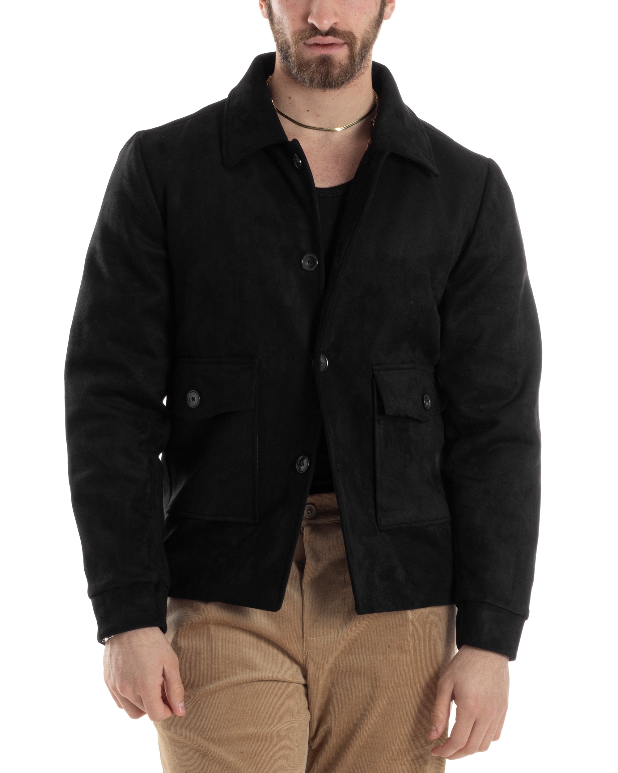 Giubbotto Uomo Giacca Con Colletto Camoscio Con Bottoni Tasche Con Pat