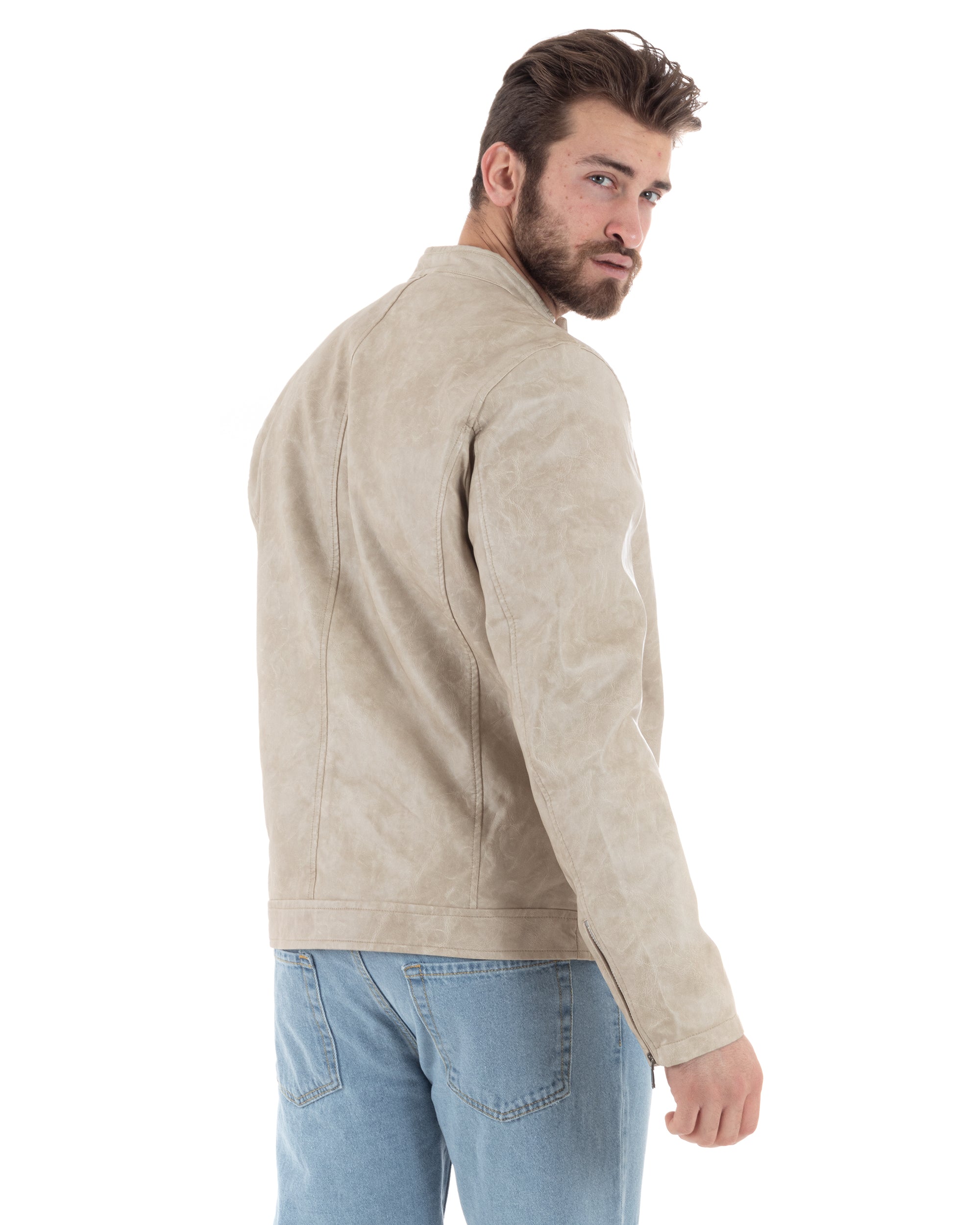 Giubbotto Uomo Ecopelle Con Collo Coreano Tinta Unita Beige Casual GIOSAL-G3156A