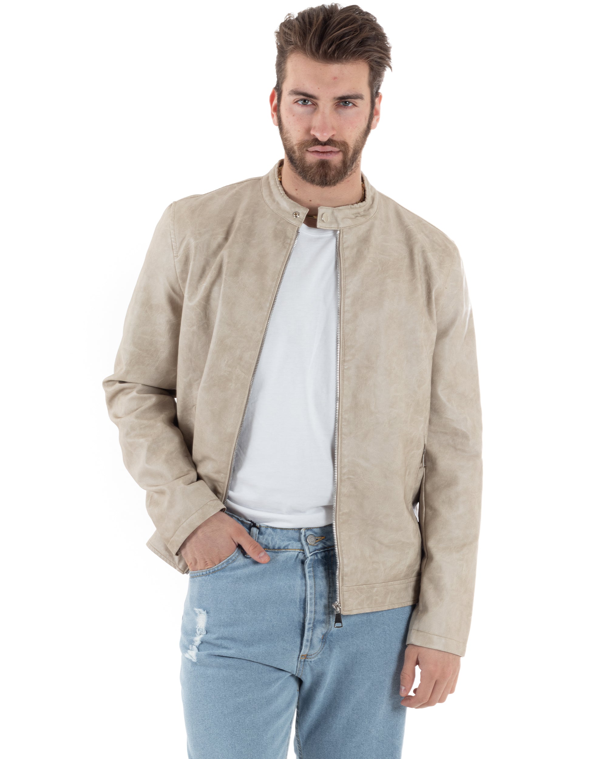 Giubbotto Uomo Ecopelle Con Collo Coreano Tinta Unita Beige Casual GIOSAL-G3156A