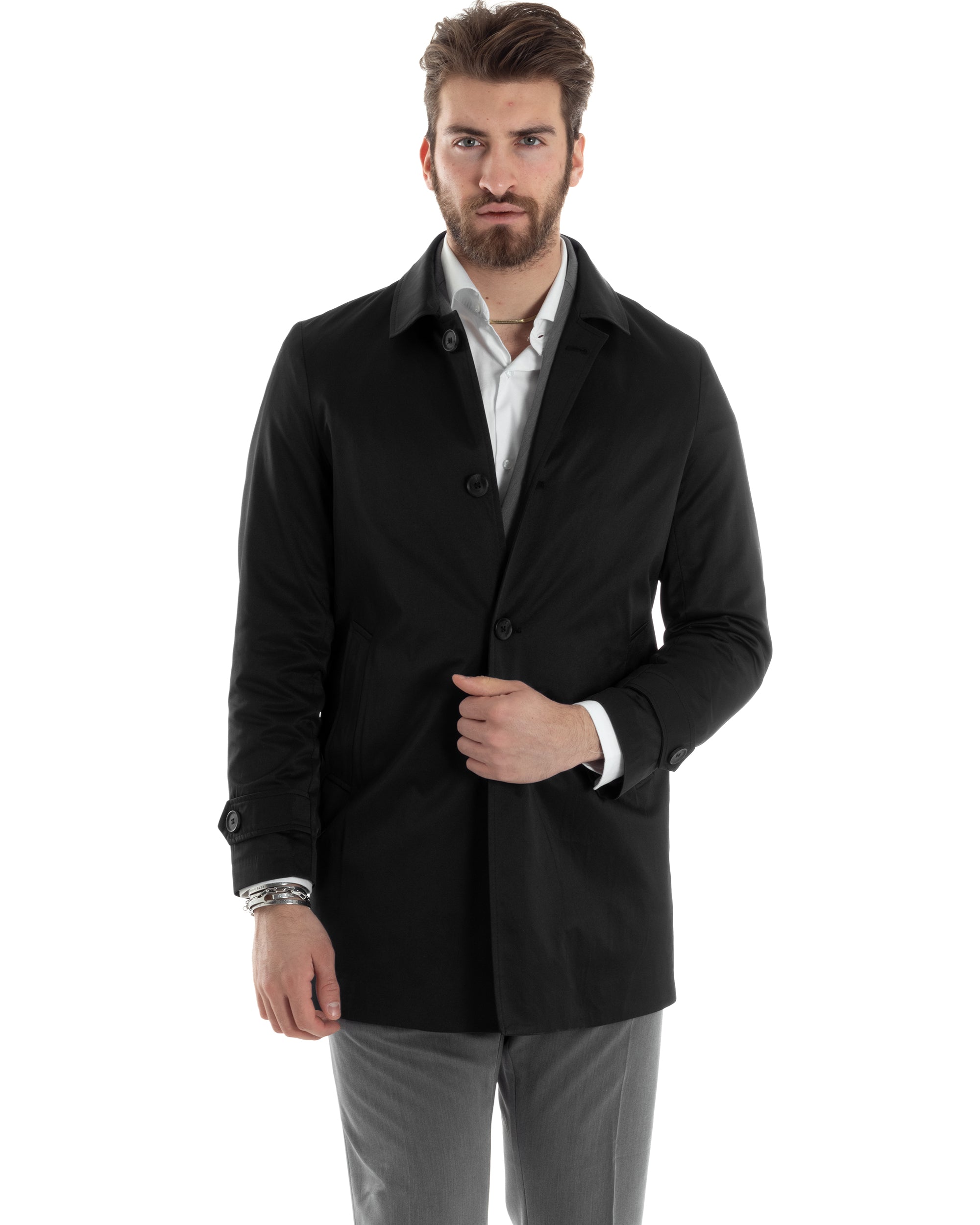 Giubbotto Uomo Trench Lungo Con Colletto Tessuto Impermeabile Nero GIOSAL-G3159A