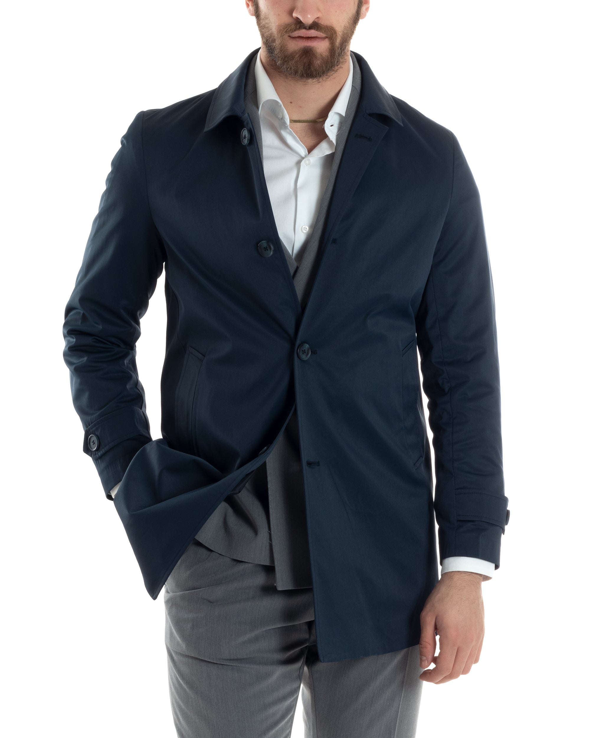 Giubbotto Uomo Trench Lungo Con Colletto Tessuto Impermeabile Blu GIOSAL-G3161A