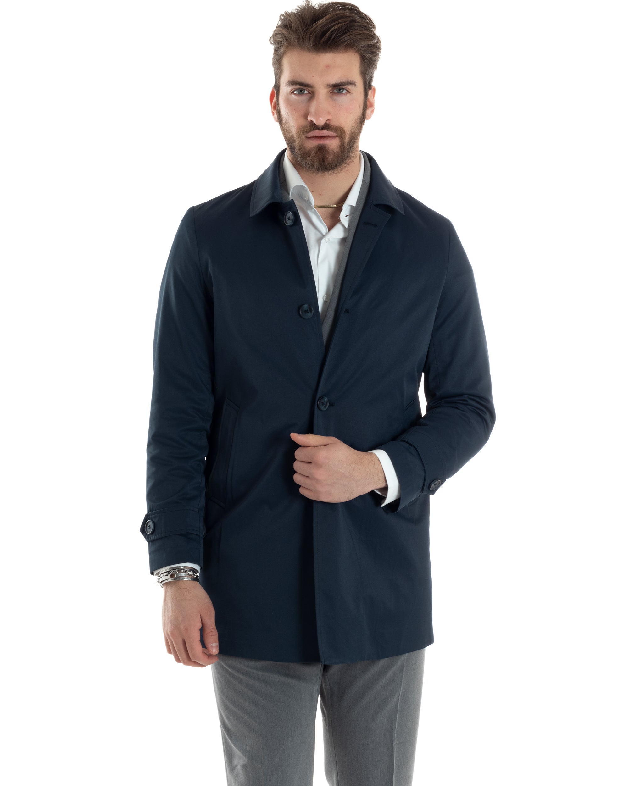 Giubbotto Uomo Trench Lungo Con Colletto Tessuto Impermeabile Blu GIOSAL-G3161A