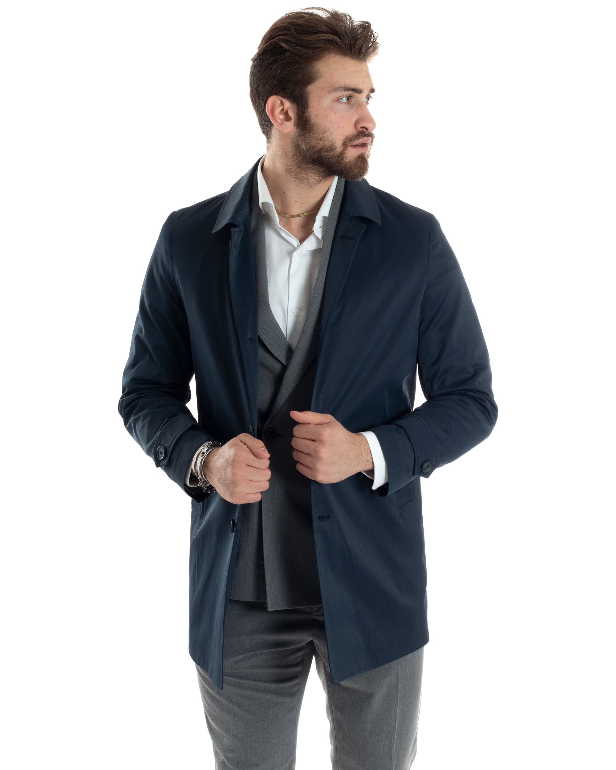 Giubbotto Uomo Trench Lungo Con Colletto Tessuto Impermeabile Blu GIOSAL-G3161A