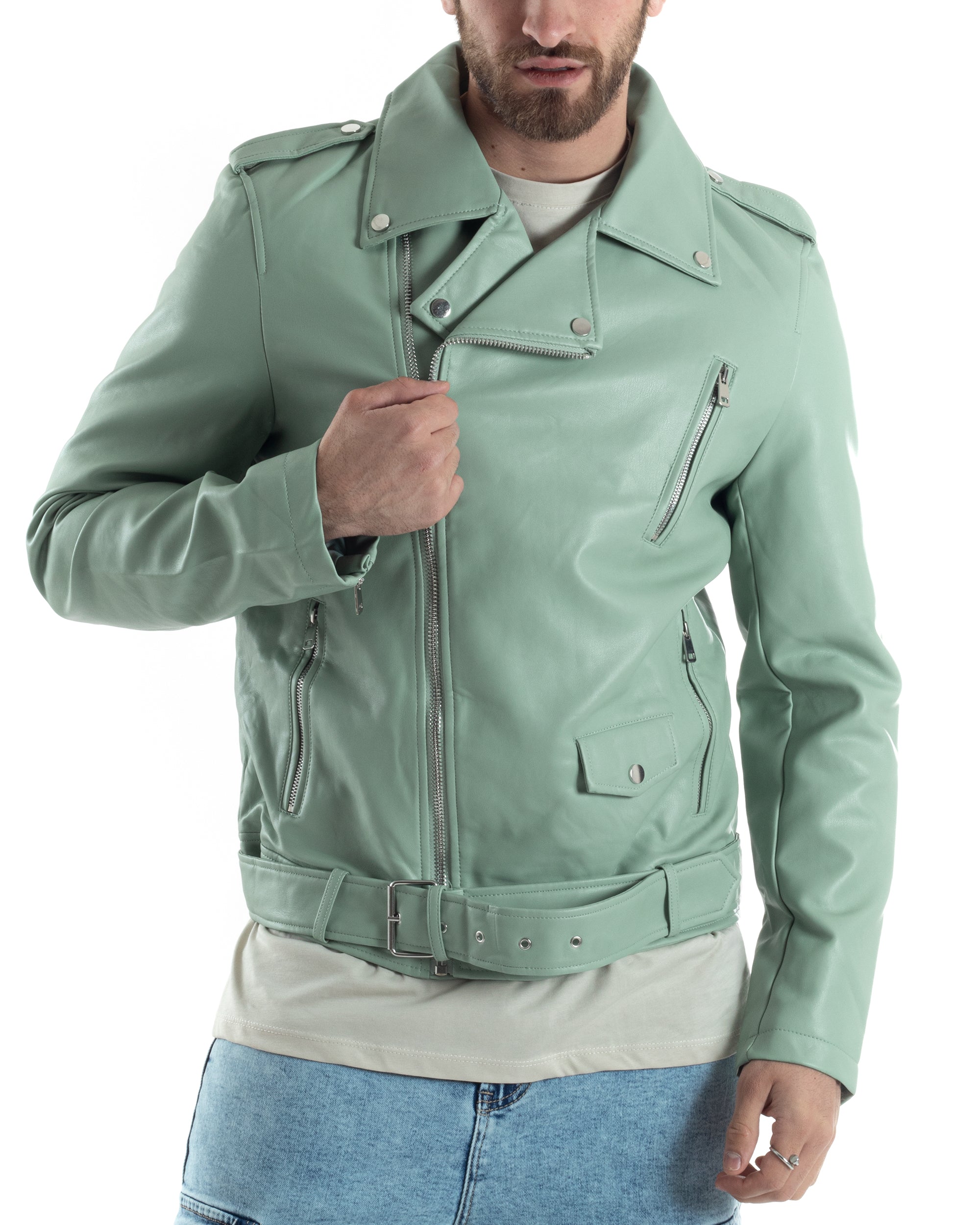 Giubbotto Uomo Biker Chiodo Ecopelle Morbida Tinta Unita Verde Acqua Casual GIOSAL-G3167A