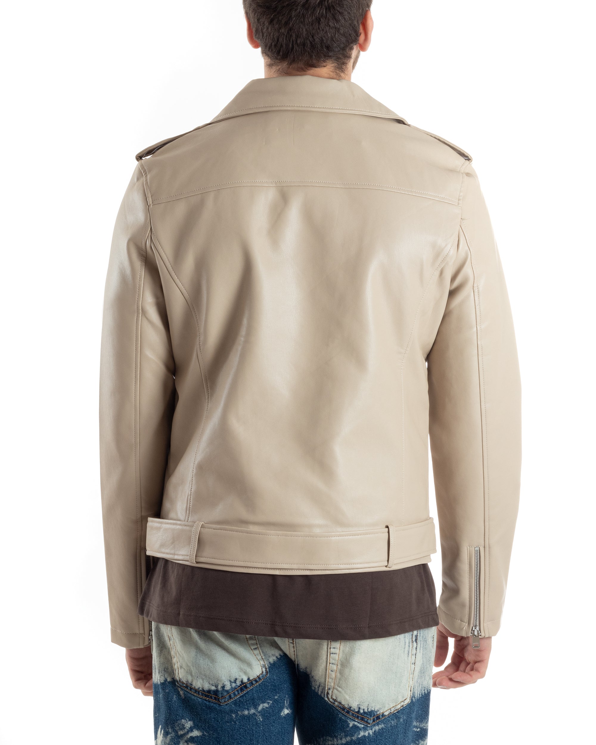 Giubbotto Uomo Biker Chiodo Ecopelle Morbida Tinta Unita Beige Casual GIOSAL-G3168A