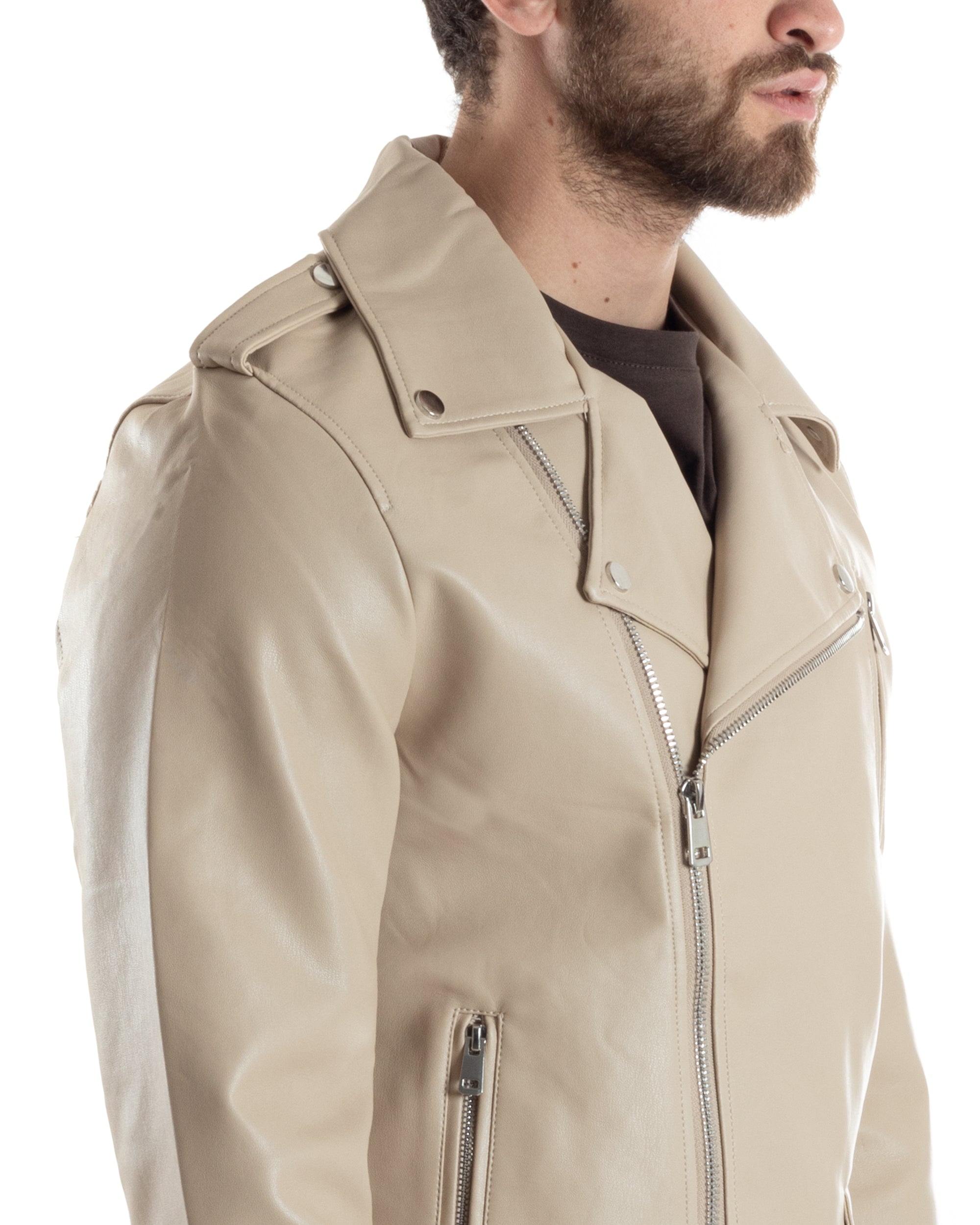 Giubbotto Uomo Biker Chiodo Ecopelle Morbida Tinta Unita Beige Casual GIOSAL-G3168A